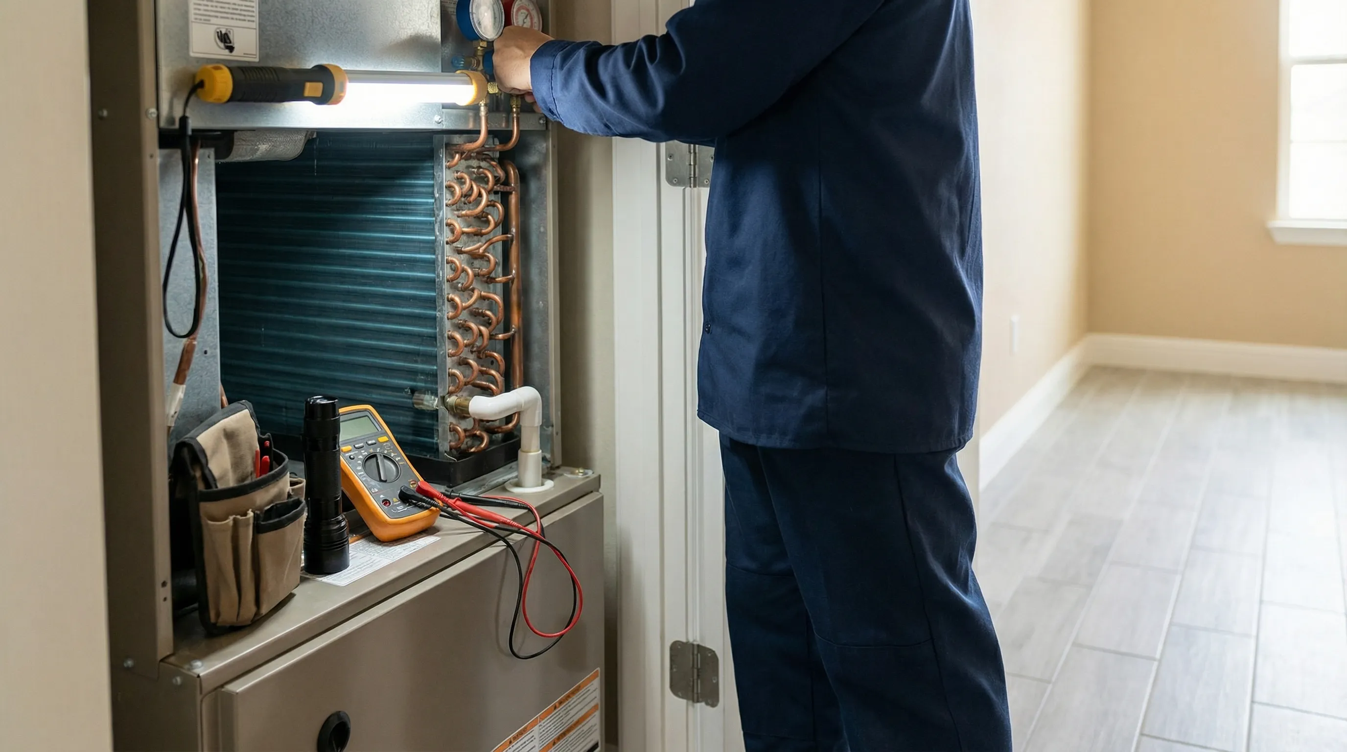 Professional HVAC technician servicing a residential air conditioning unit outside a stucco home in McAllen, TX