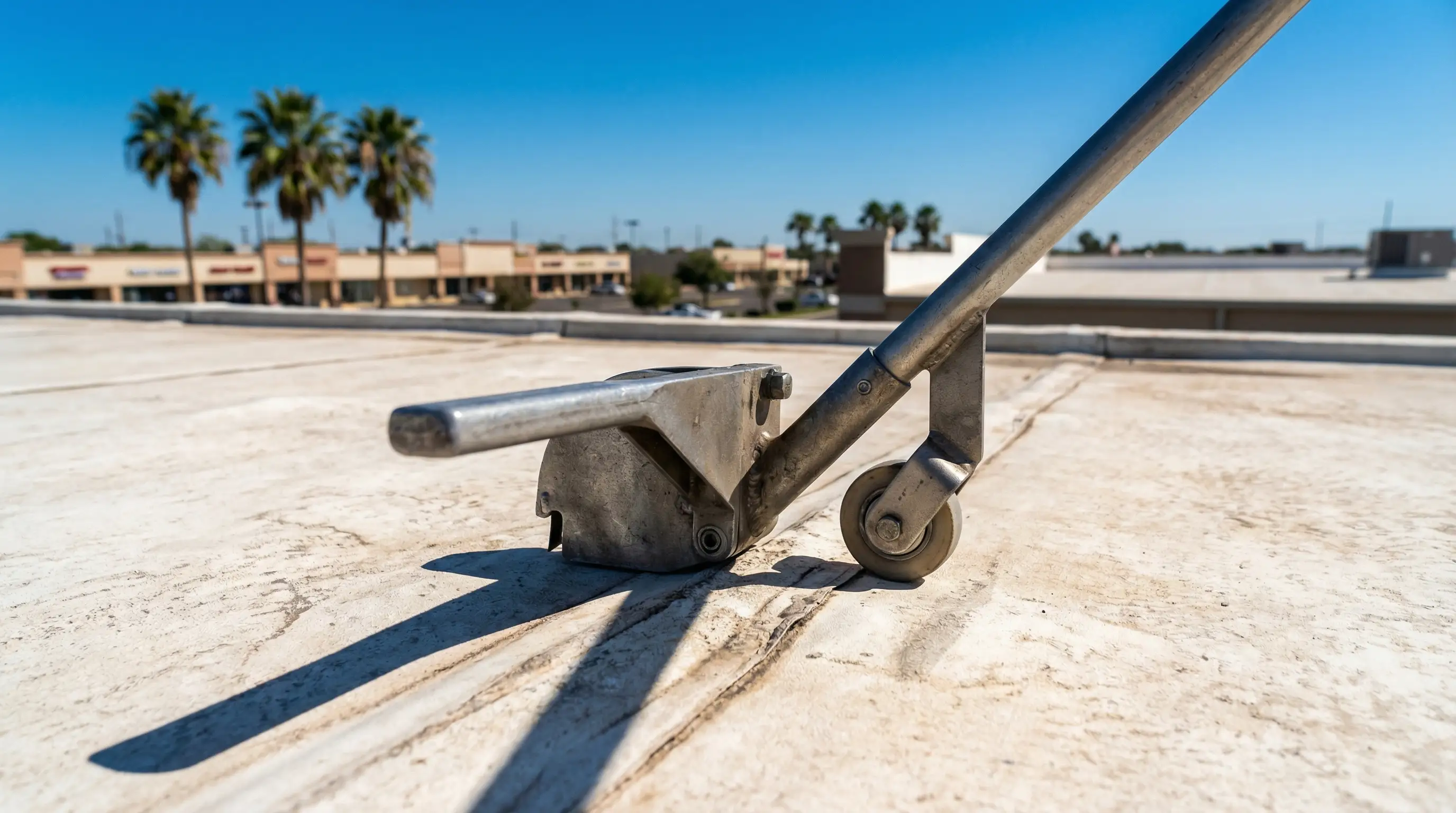 Professional roofer inspecting a residential roof on a McAllen, TX home under a bright South Texas sky