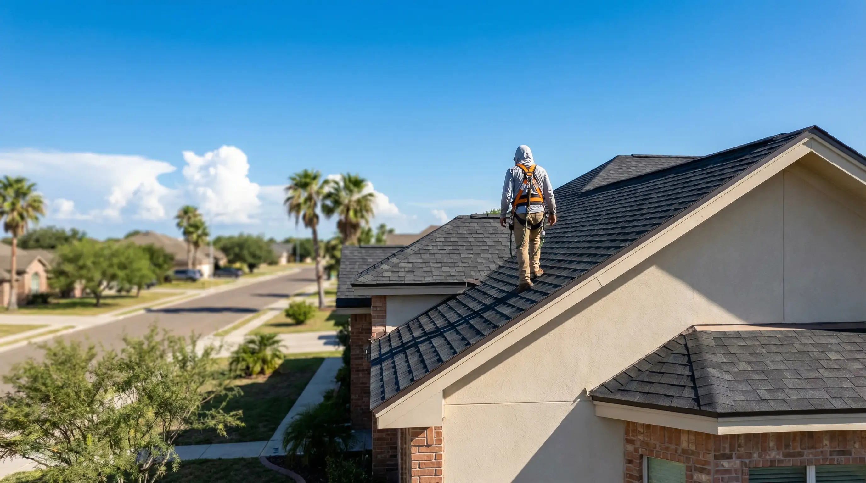 Professional roofer inspecting a residential roof on a McAllen, TX home under a bright South Texas sky