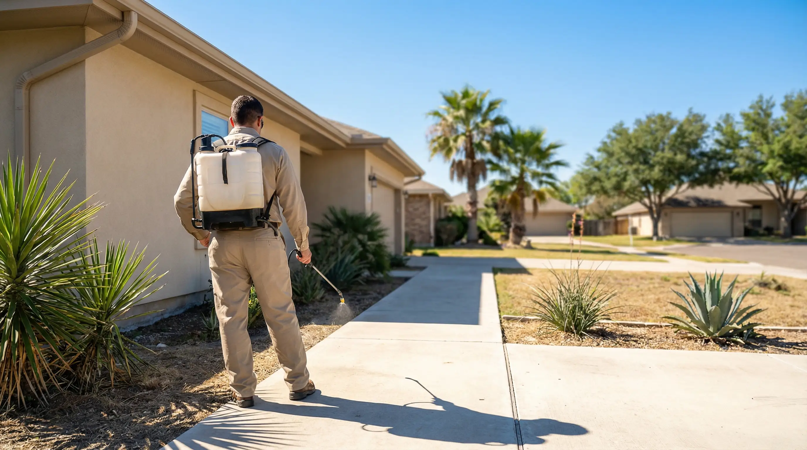 Professional pest control technician applying perimeter barrier treatment around a McAllen, TX residential home