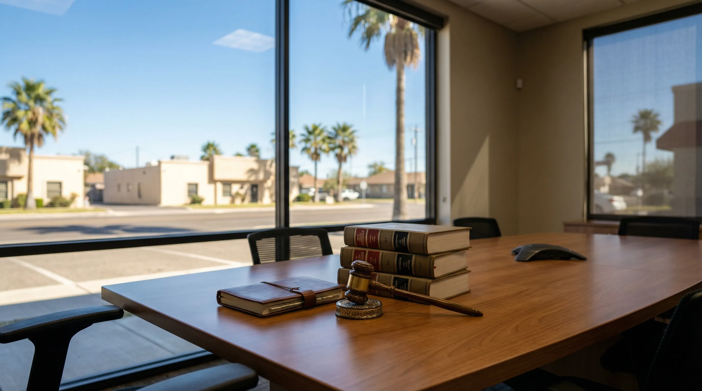 Professional personal injury attorney in a McAllen, TX law office with bilingual English-Spanish signage