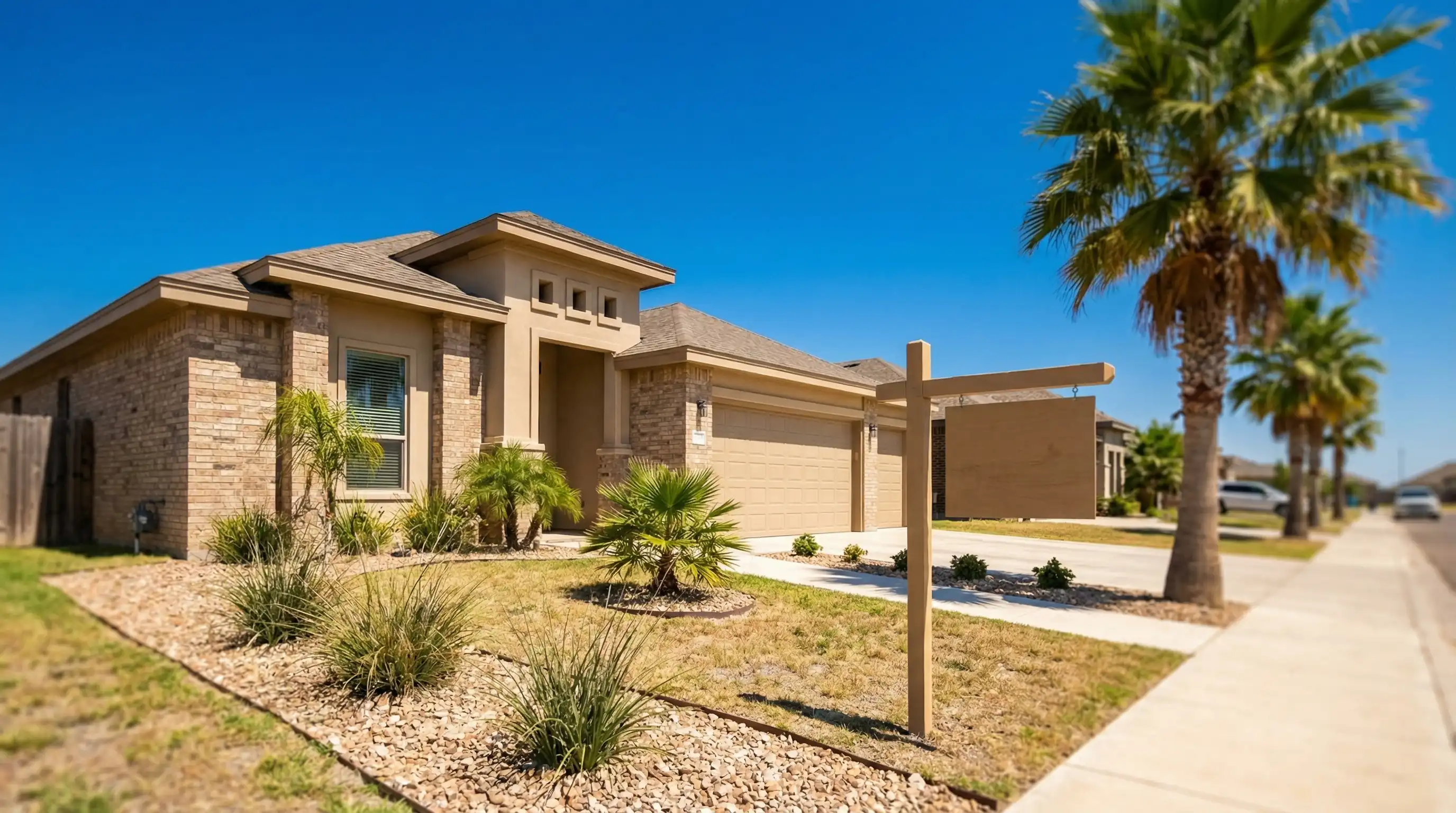 Real estate agent showing a new construction home in a McAllen TX residential neighborhood to a young couple