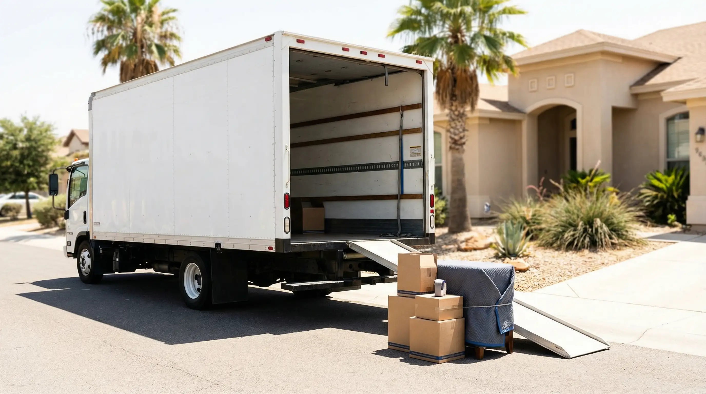 Professional moving company team loading a truck in front of a McAllen TX residential home