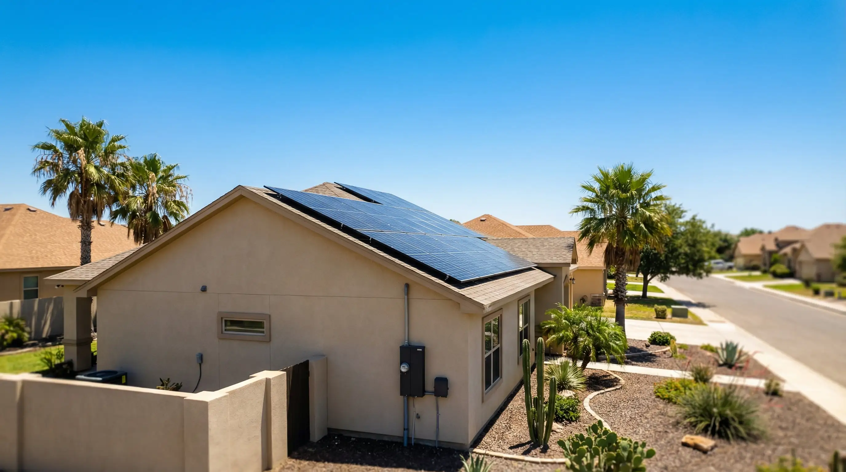 Solar panels installed on a McAllen TX residential home rooftop under bright South Texas sunshine