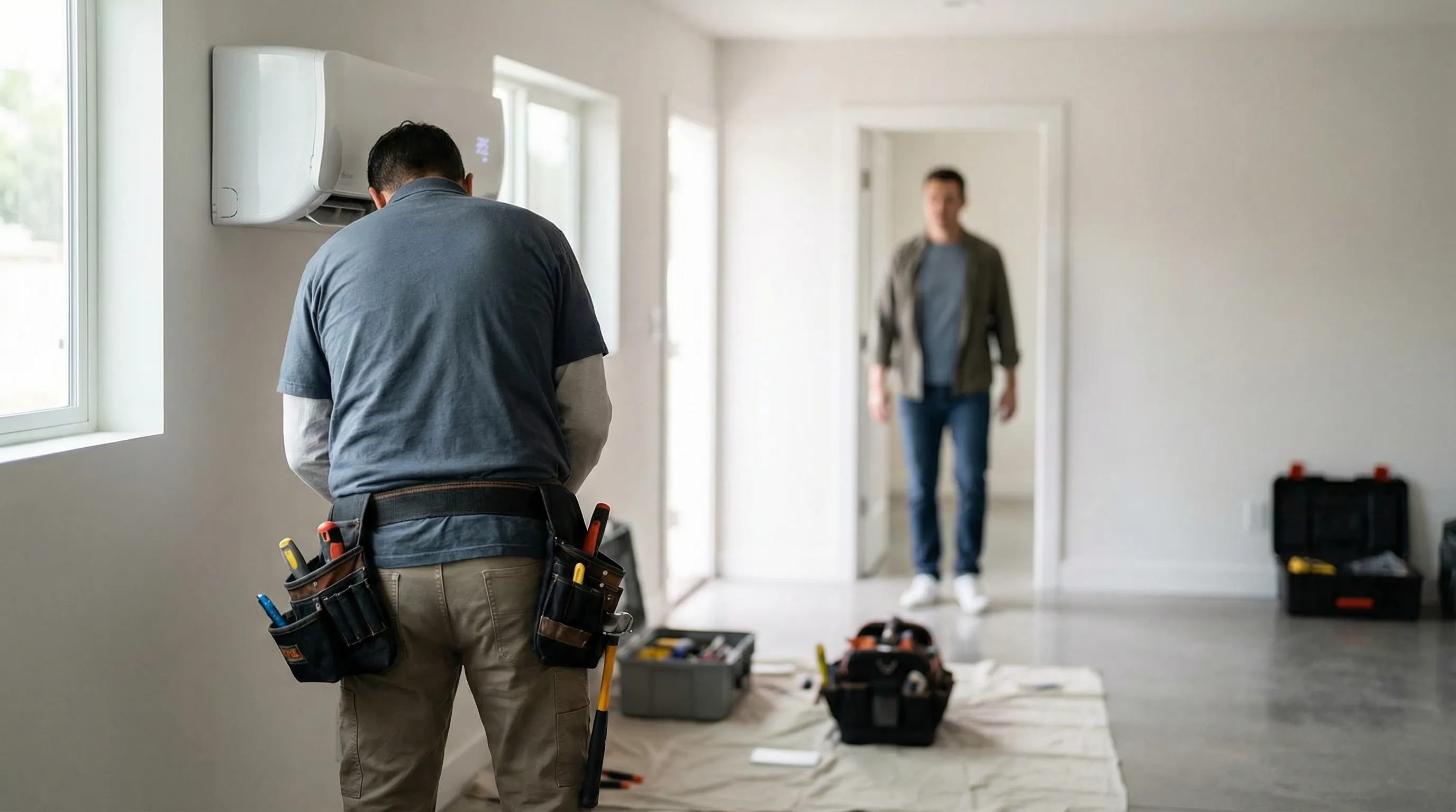 Professional HVAC technician inspecting a rooftop condenser unit on a ranch-style home in Torrance, CA