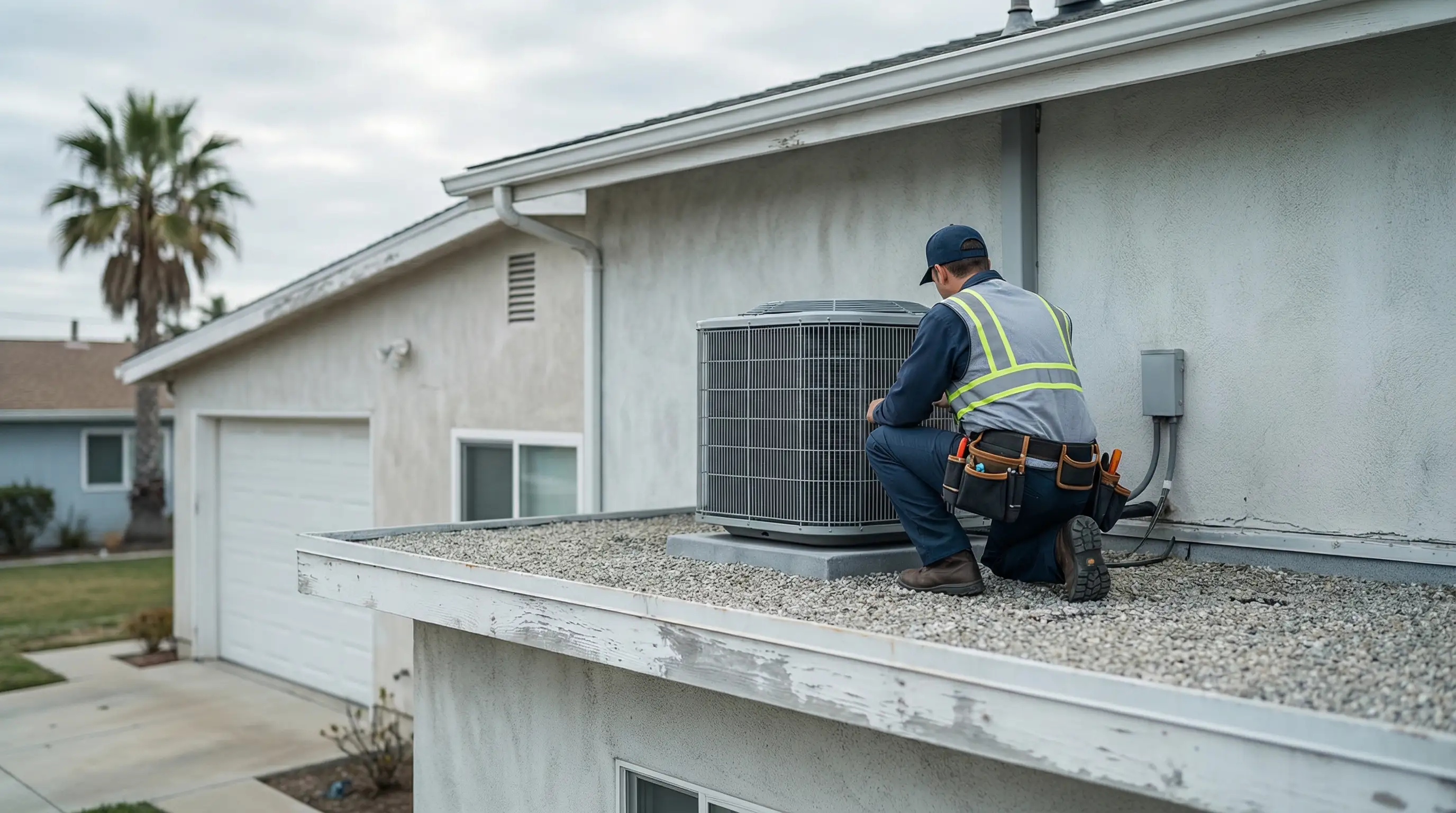 Professional HVAC technician inspecting a rooftop condenser unit on a ranch-style home in Torrance, CA