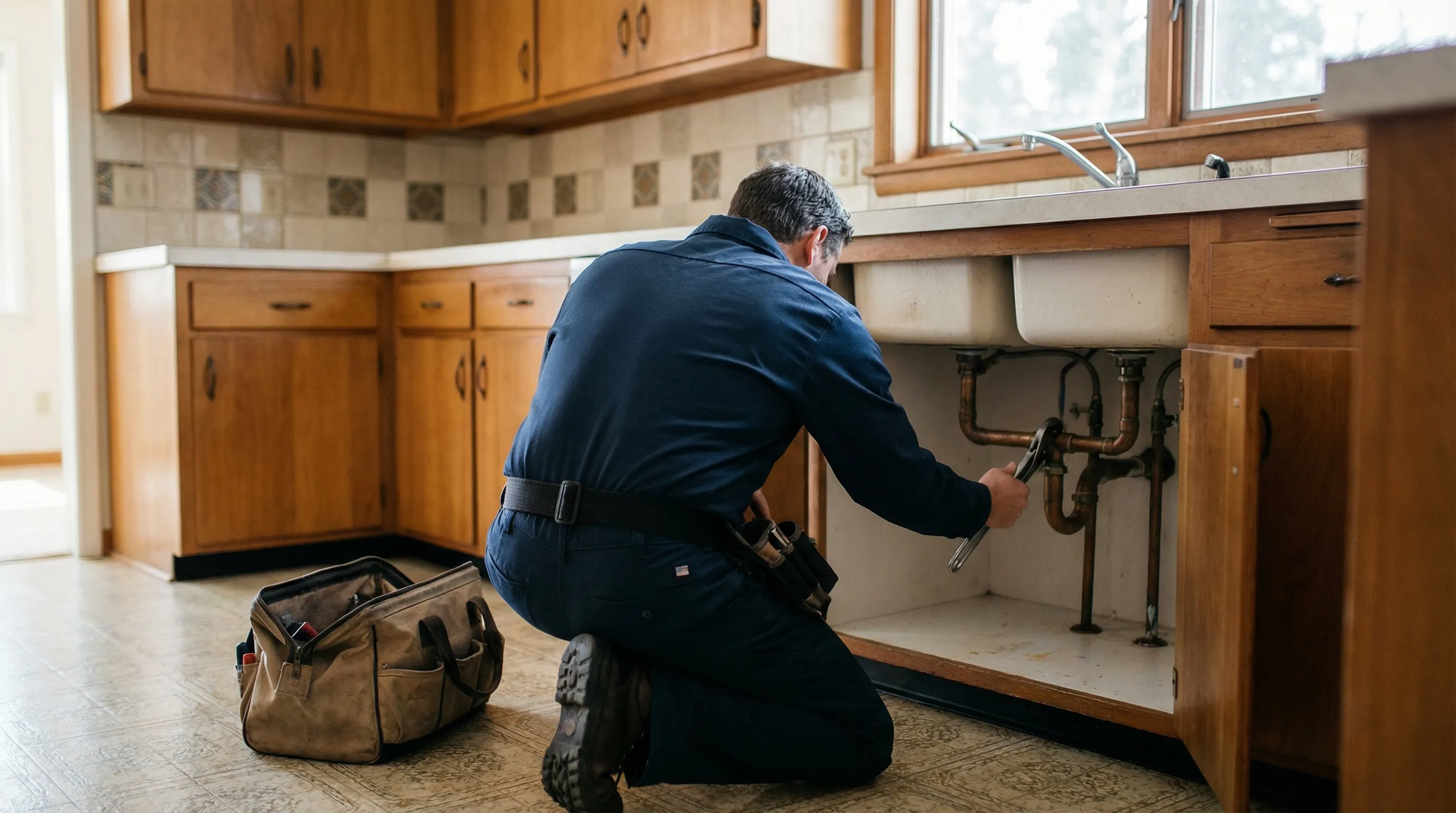 Professional plumber inspecting galvanized pipes under a kitchen sink in a 1960s ranch home in Torrance, CA