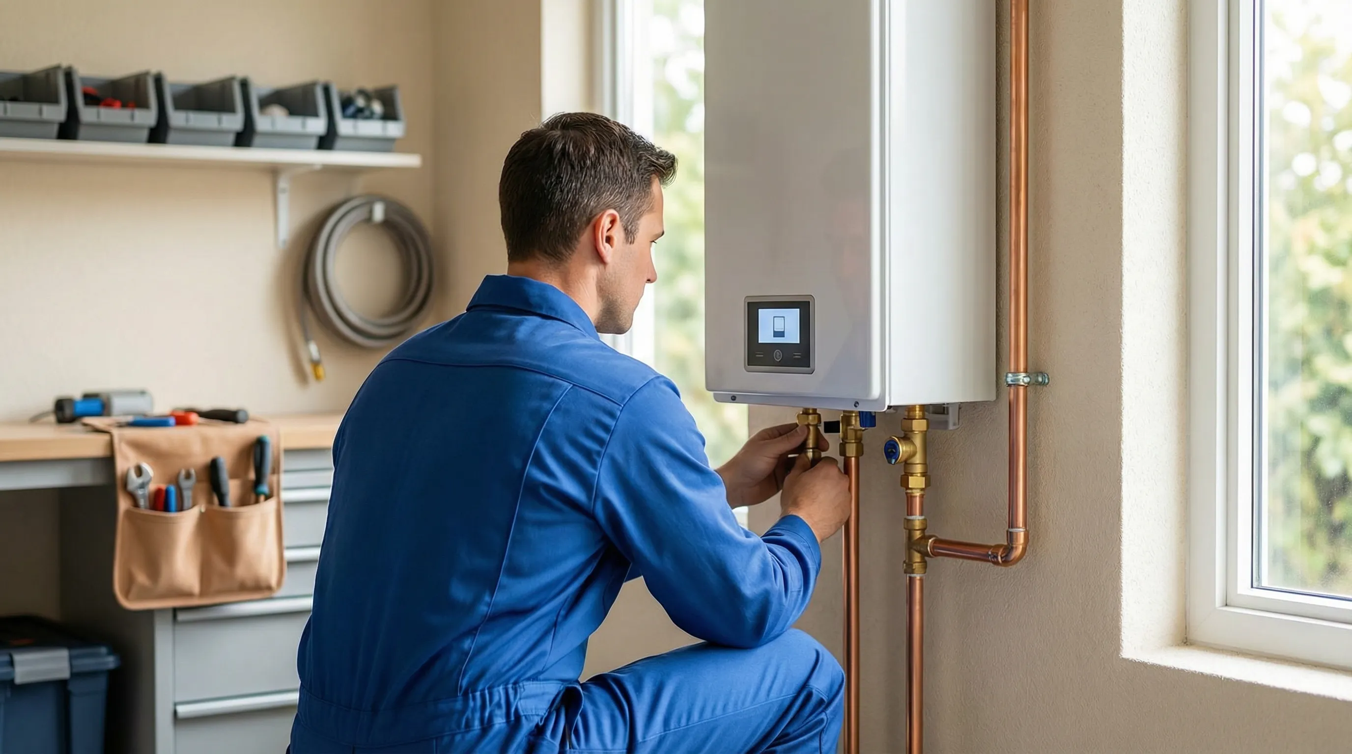 Professional plumber inspecting galvanized pipes under a kitchen sink in a 1960s ranch home in Torrance, CA
