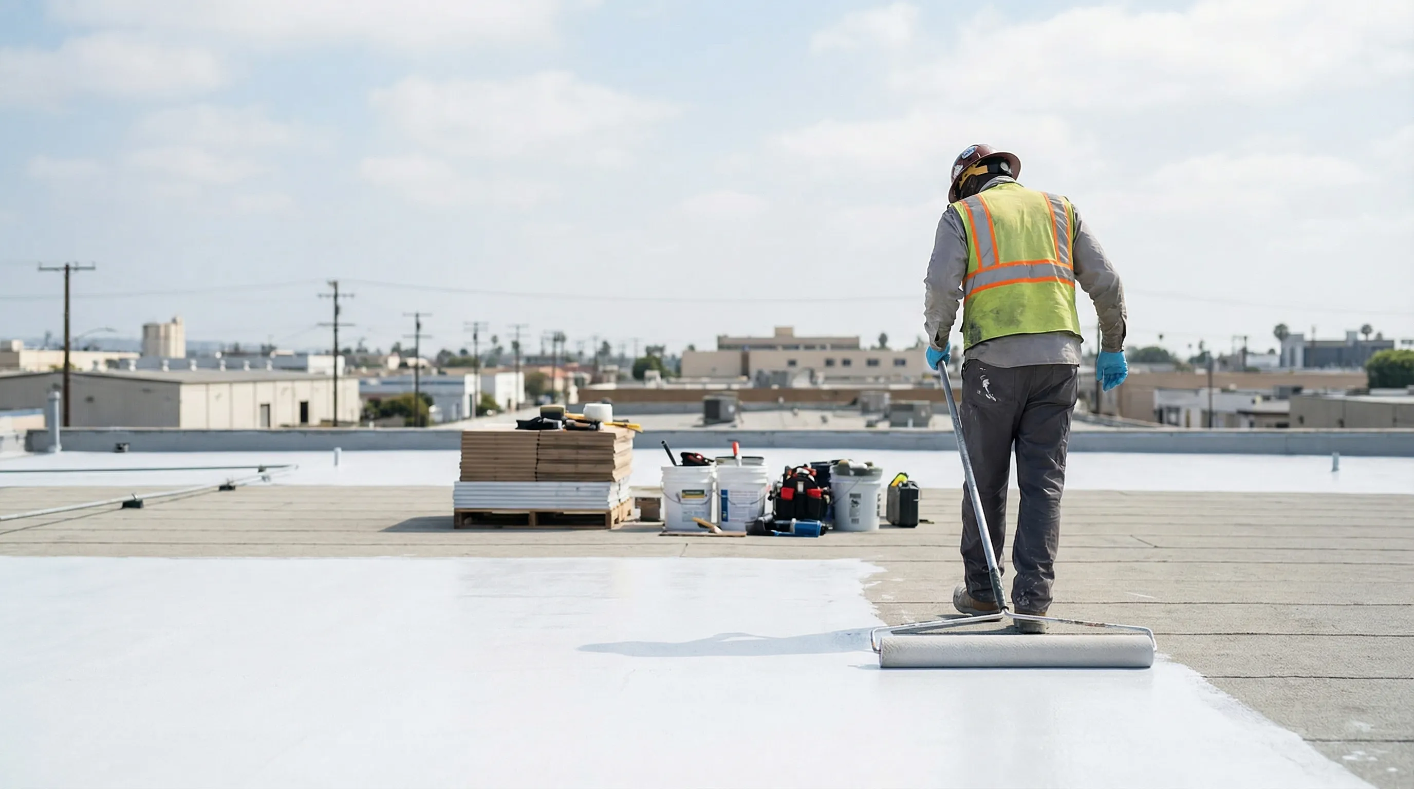 Roofing crew installing clay tile on a Spanish-style home in Torrance, CA with coastal California sky overhead