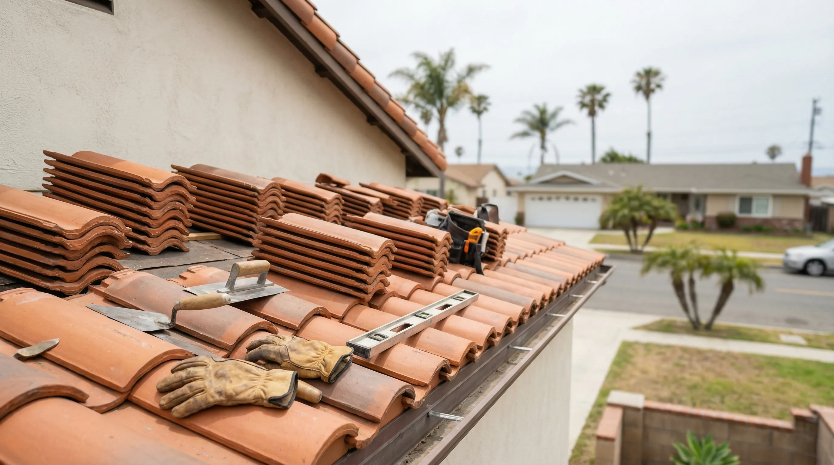 Roofing crew installing clay tile on a Spanish-style home in Torrance, CA with coastal California sky overhead