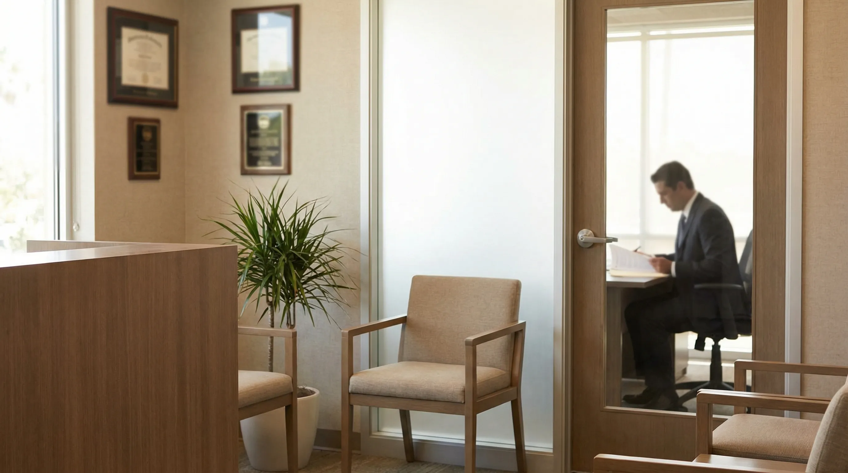 Professional law office reception in Torrance CA with legal credentials and consultation table visible