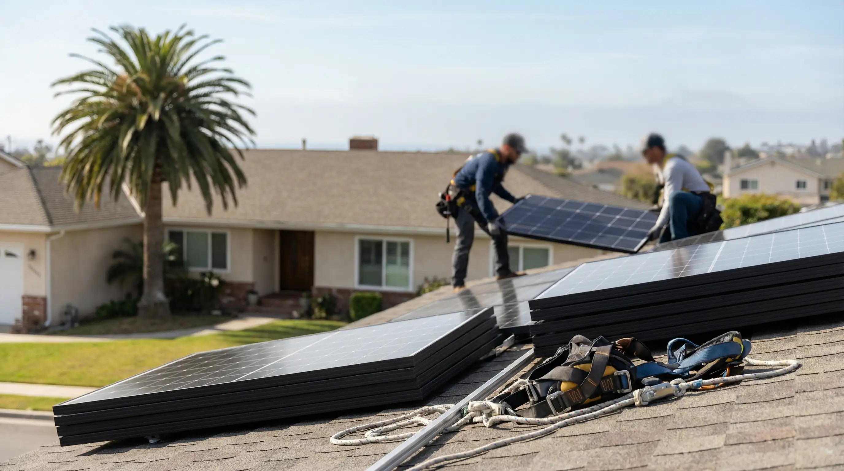Solar installation crew mounting panels on a South Bay ranch home in Torrance CA with coastal California sky