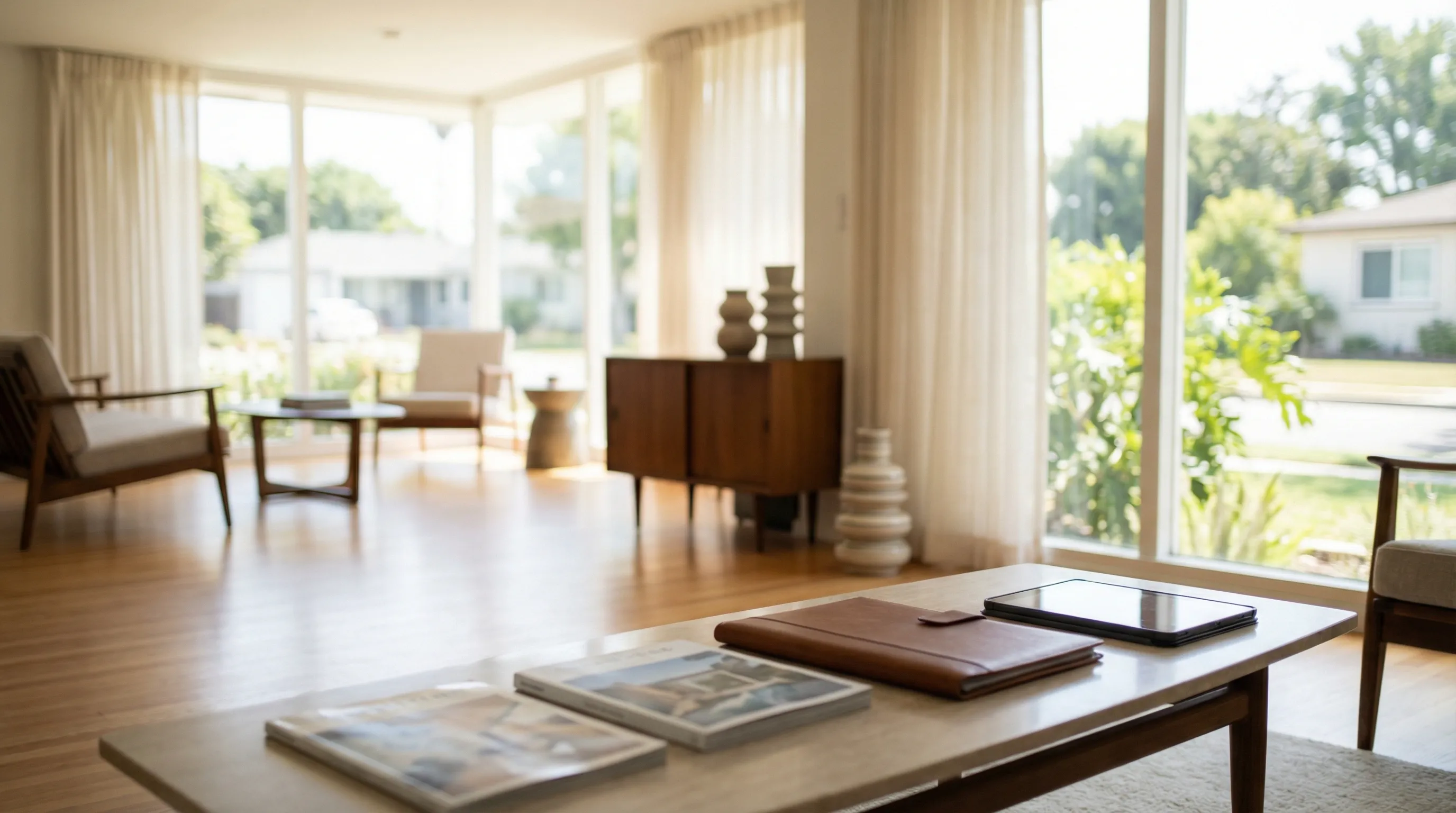 Real estate agent showing a classic ranch-style home to buyers on a sunny residential street in Torrance, CA