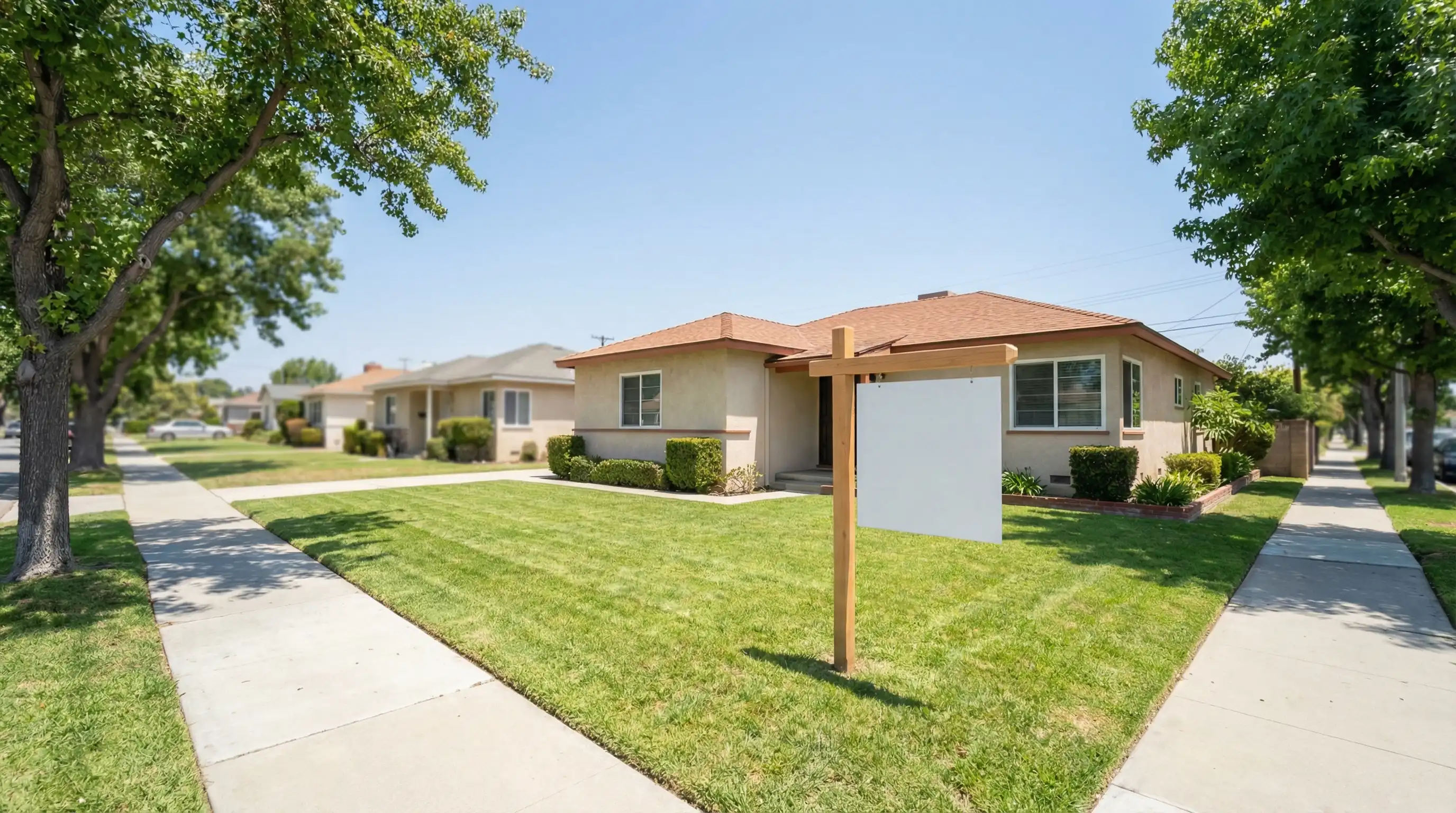 Real estate agent showing a classic ranch-style home to buyers on a sunny residential street in Torrance, CA