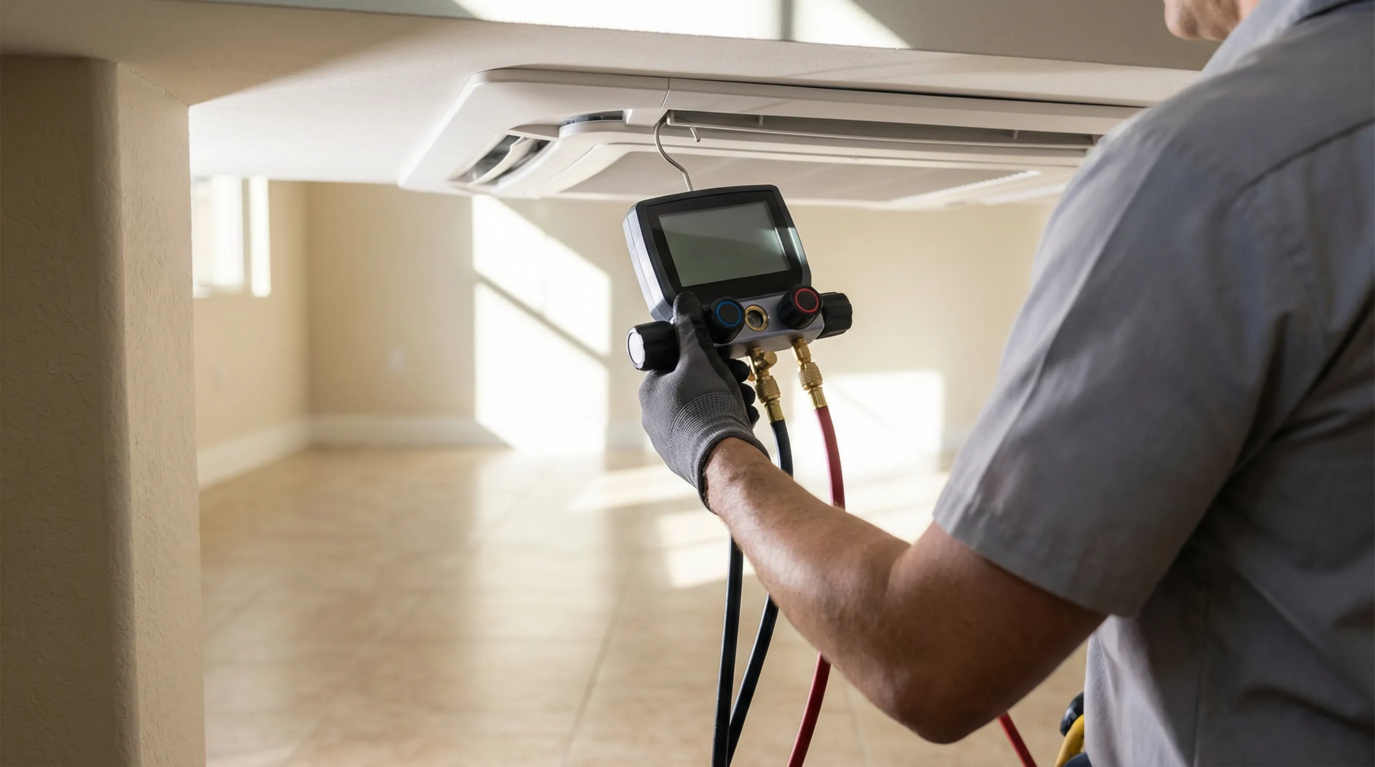 Professional HVAC technician inspecting a residential air conditioning unit in Visalia, CA, with Sierra Nevada foothills in background
