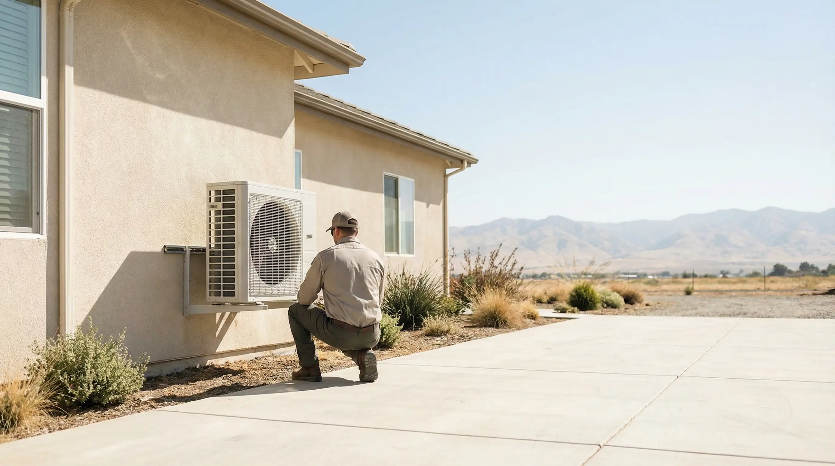 Professional HVAC technician inspecting a residential air conditioning unit in Visalia, CA, with Sierra Nevada foothills in background