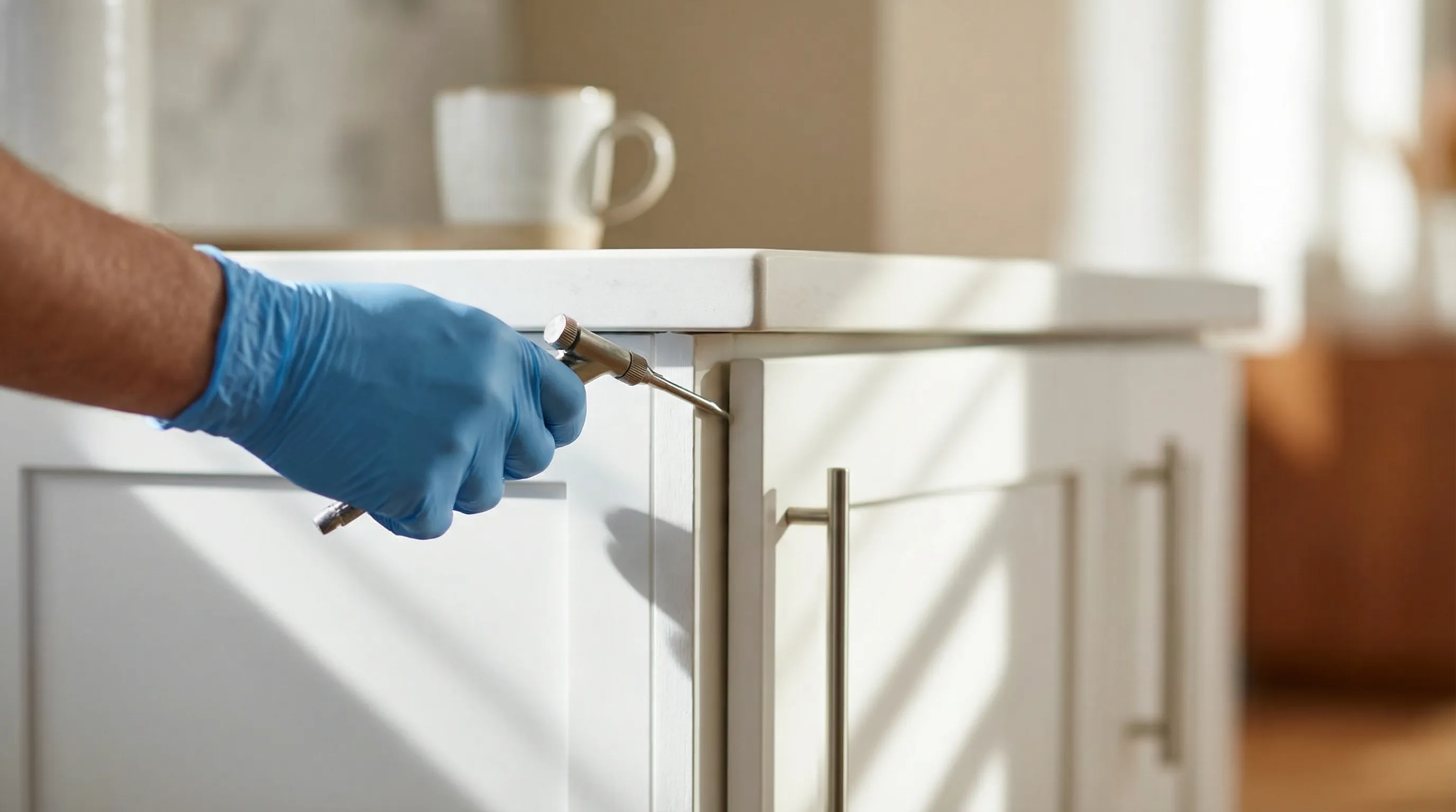 Pest control technician treating the perimeter of a stucco ranch home in Visalia, CA, with agricultural fields visible in the background