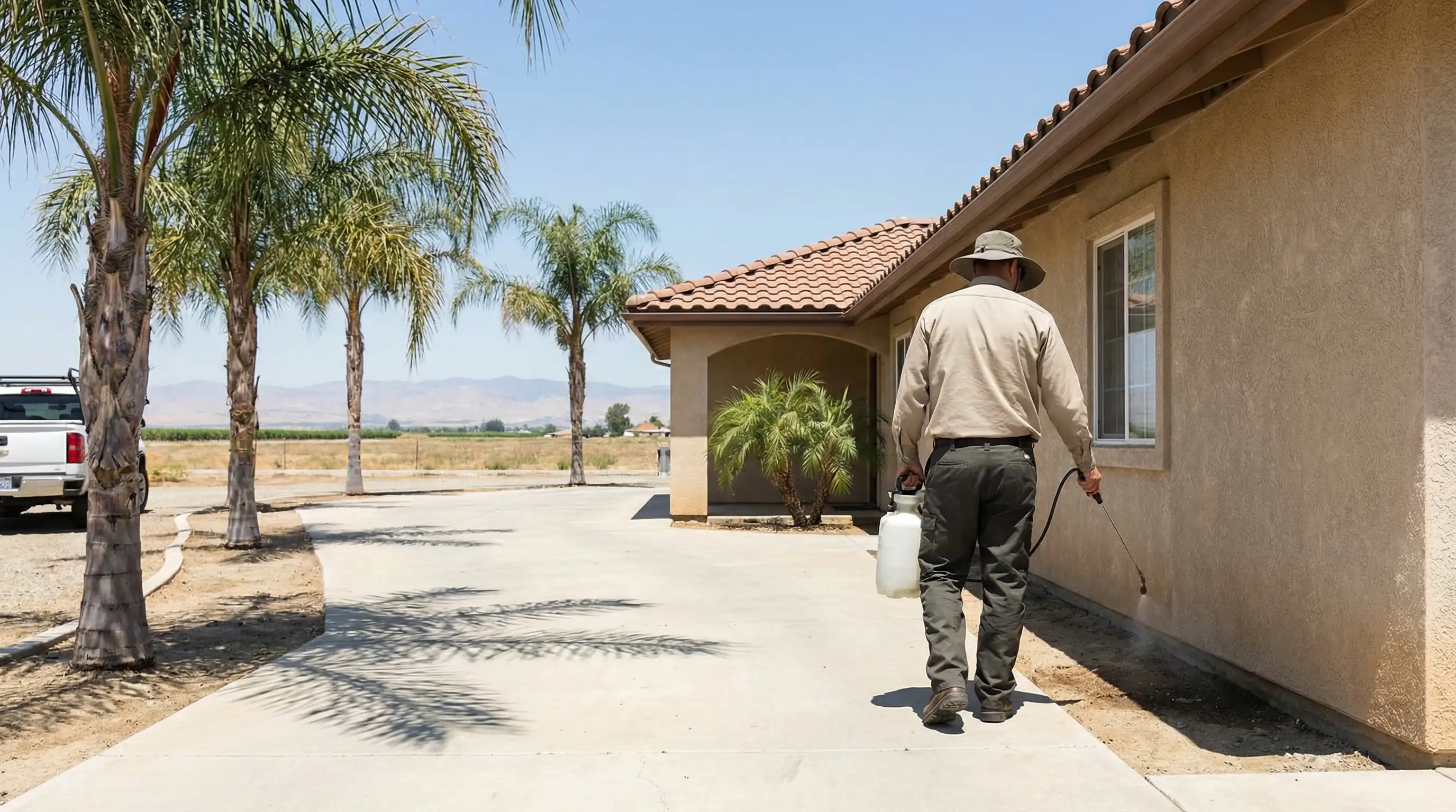 Pest control technician treating the perimeter of a stucco ranch home in Visalia, CA, with agricultural fields visible in the background