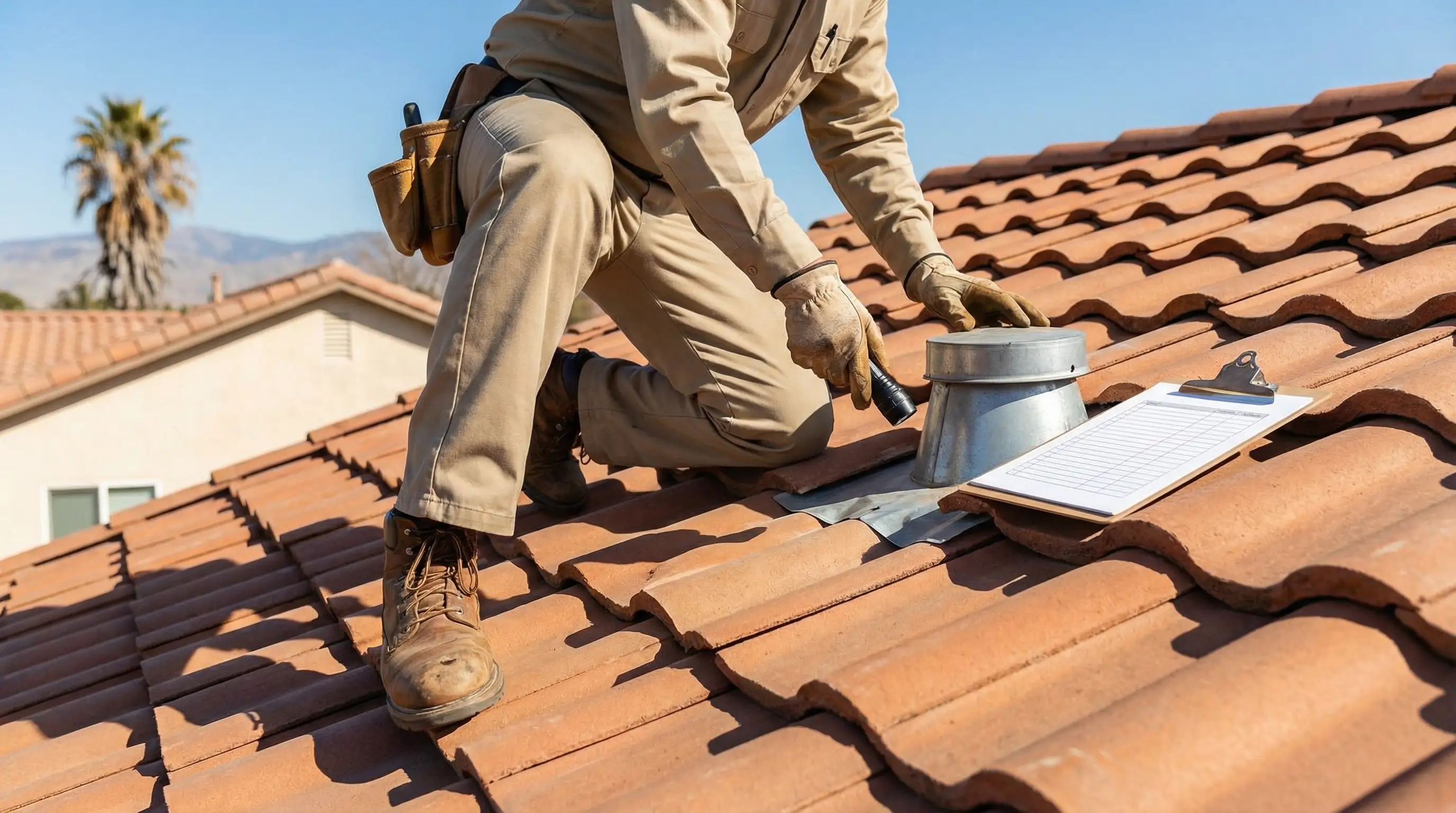 Roofing contractor inspecting a clay tile roof on a Spanish-style stucco home in Visalia, CA, with blue Central Valley sky in background
