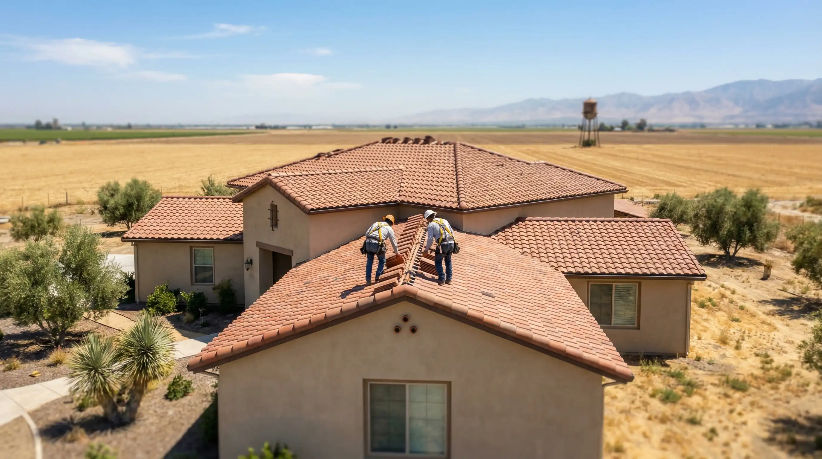 Roofing contractor inspecting a clay tile roof on a Spanish-style stucco home in Visalia, CA, with blue Central Valley sky in background