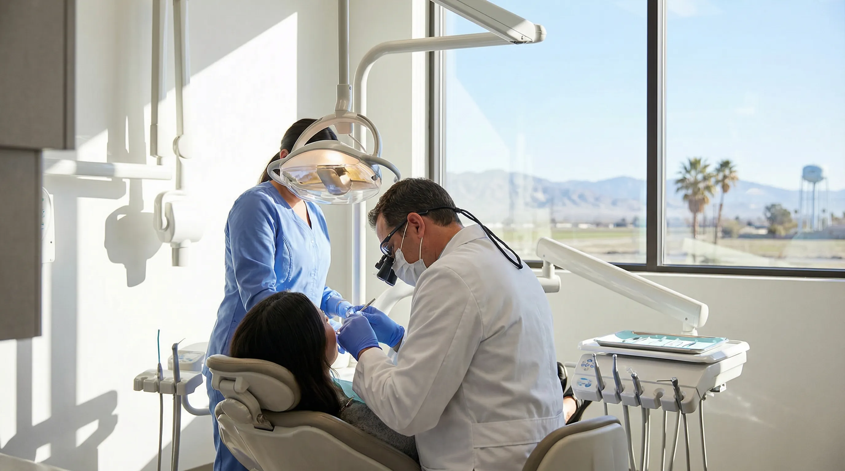 Professional dentist performing an examination in a modern dental office in Visalia, CA, with patient comfortably seated in dental chair