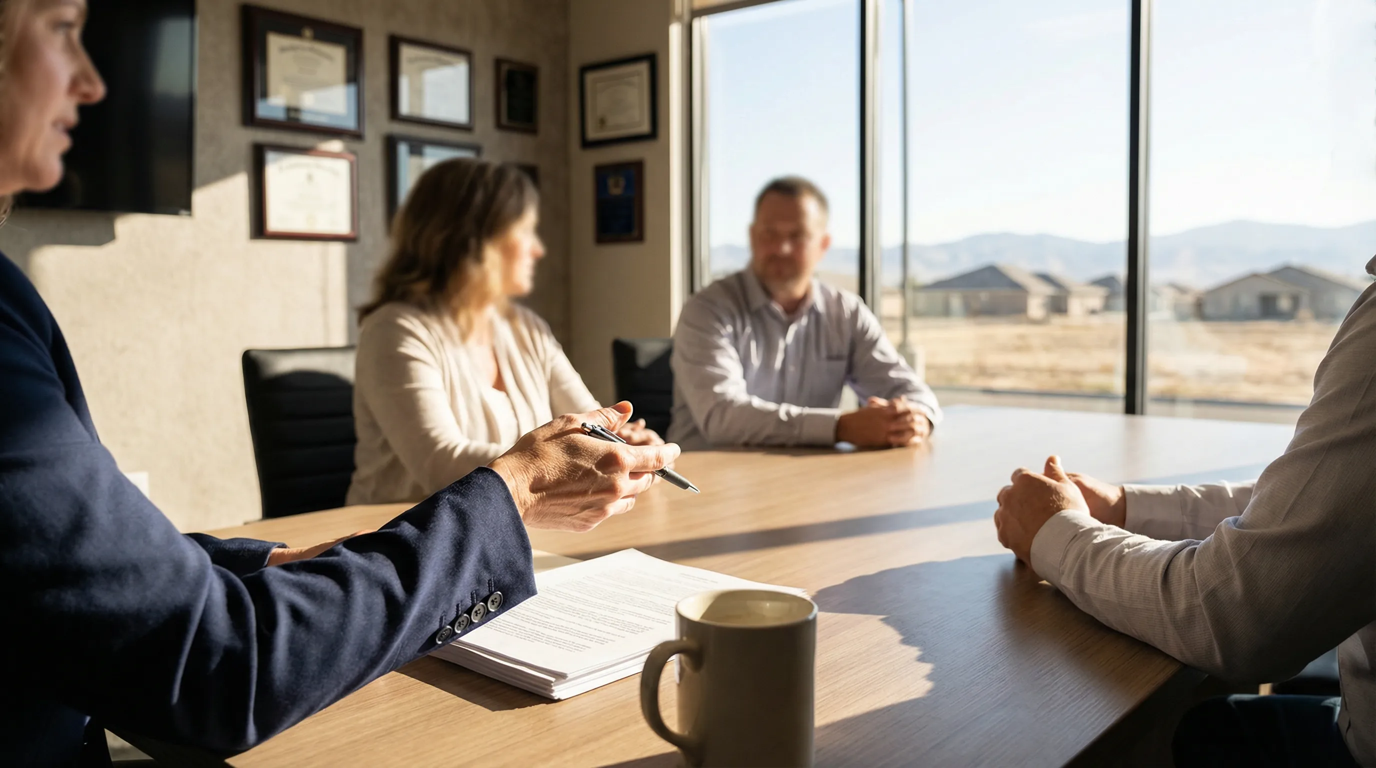 Professional attorney meeting with clients in a law firm conference room in Visalia, CA