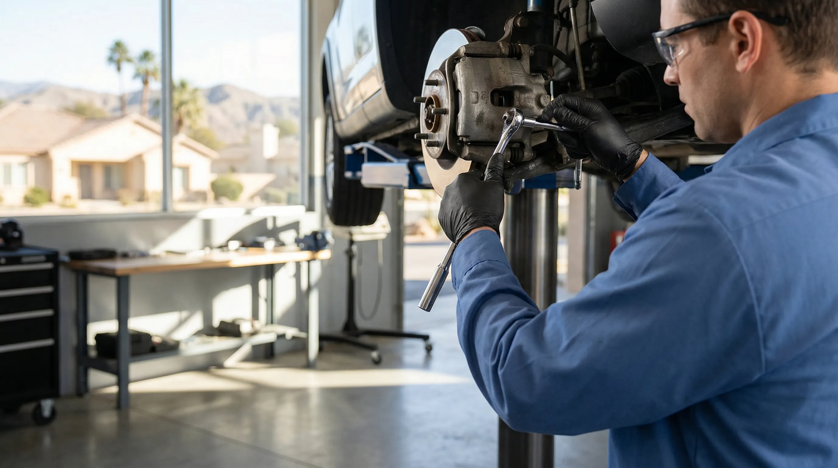 Professional auto technician inspecting a truck's brake system in a Visalia, CA auto repair shop with lift visible