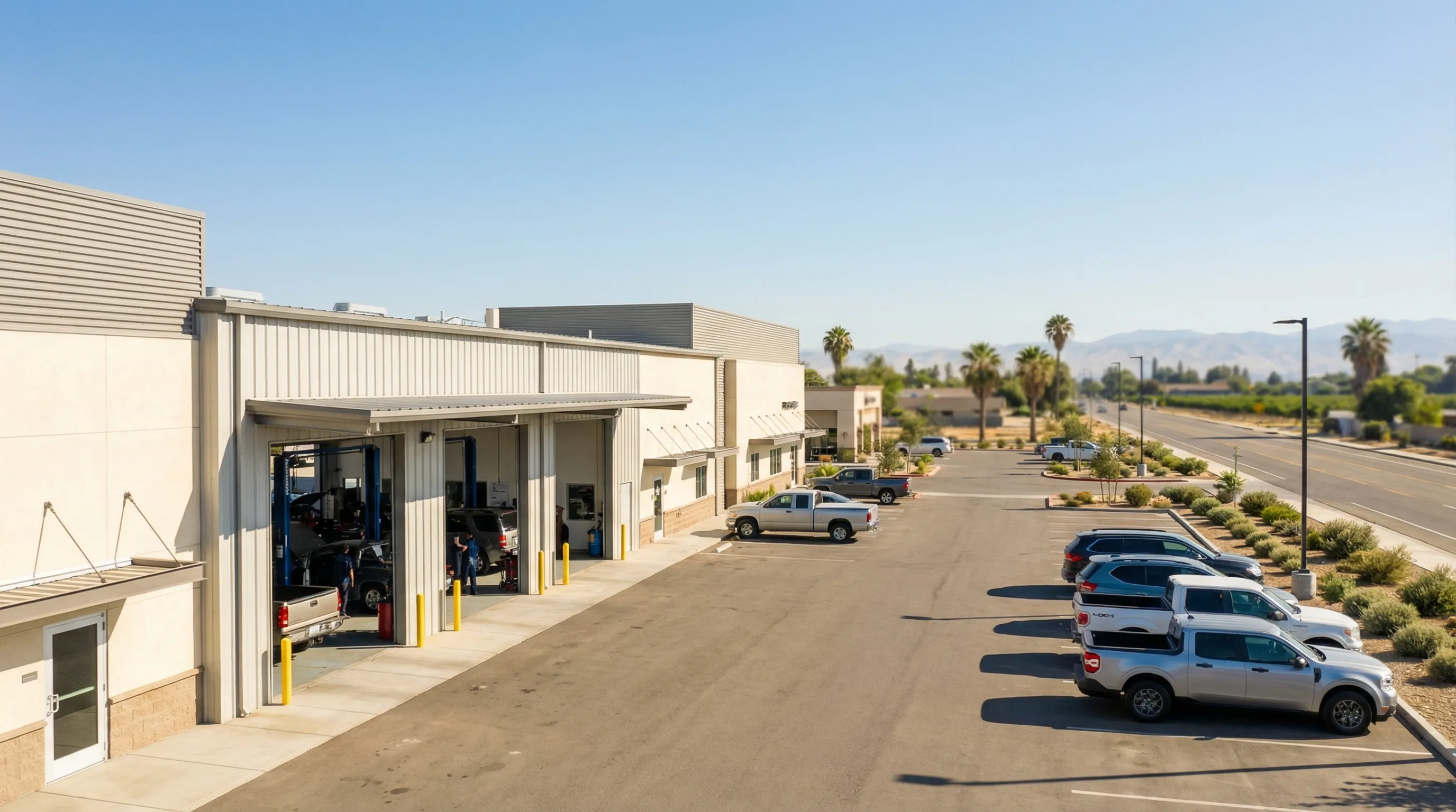 Professional auto technician inspecting a truck's brake system in a Visalia, CA auto repair shop with lift visible