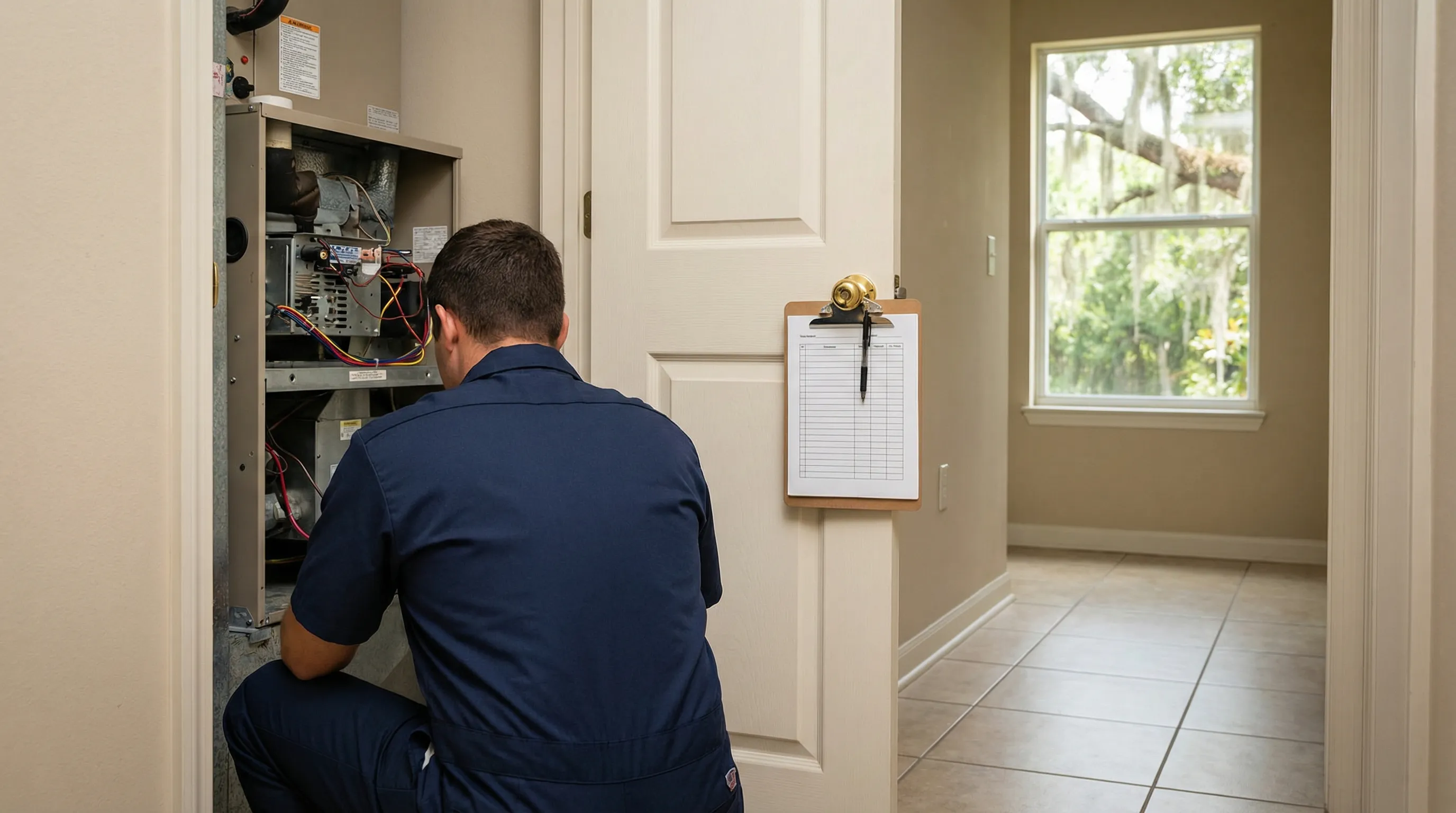 Professional HVAC technician servicing an air handler unit in a Gainesville, FL rental apartment hallway