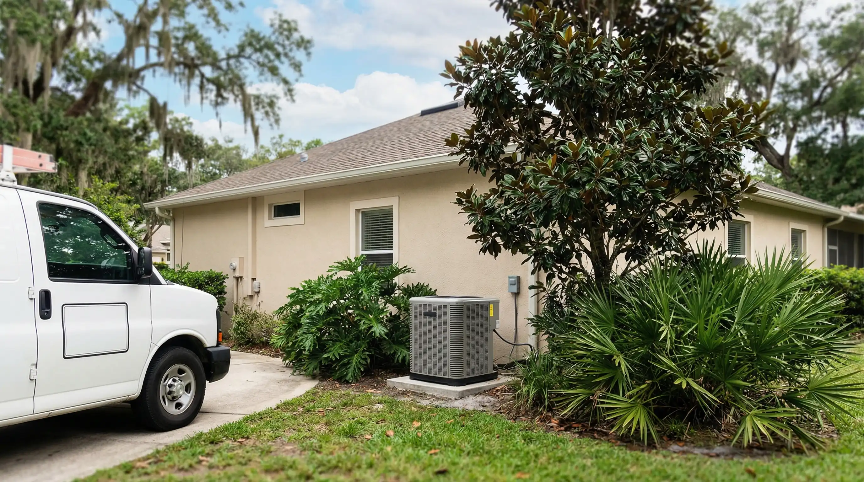 Professional HVAC technician servicing an air handler unit in a Gainesville, FL rental apartment hallway