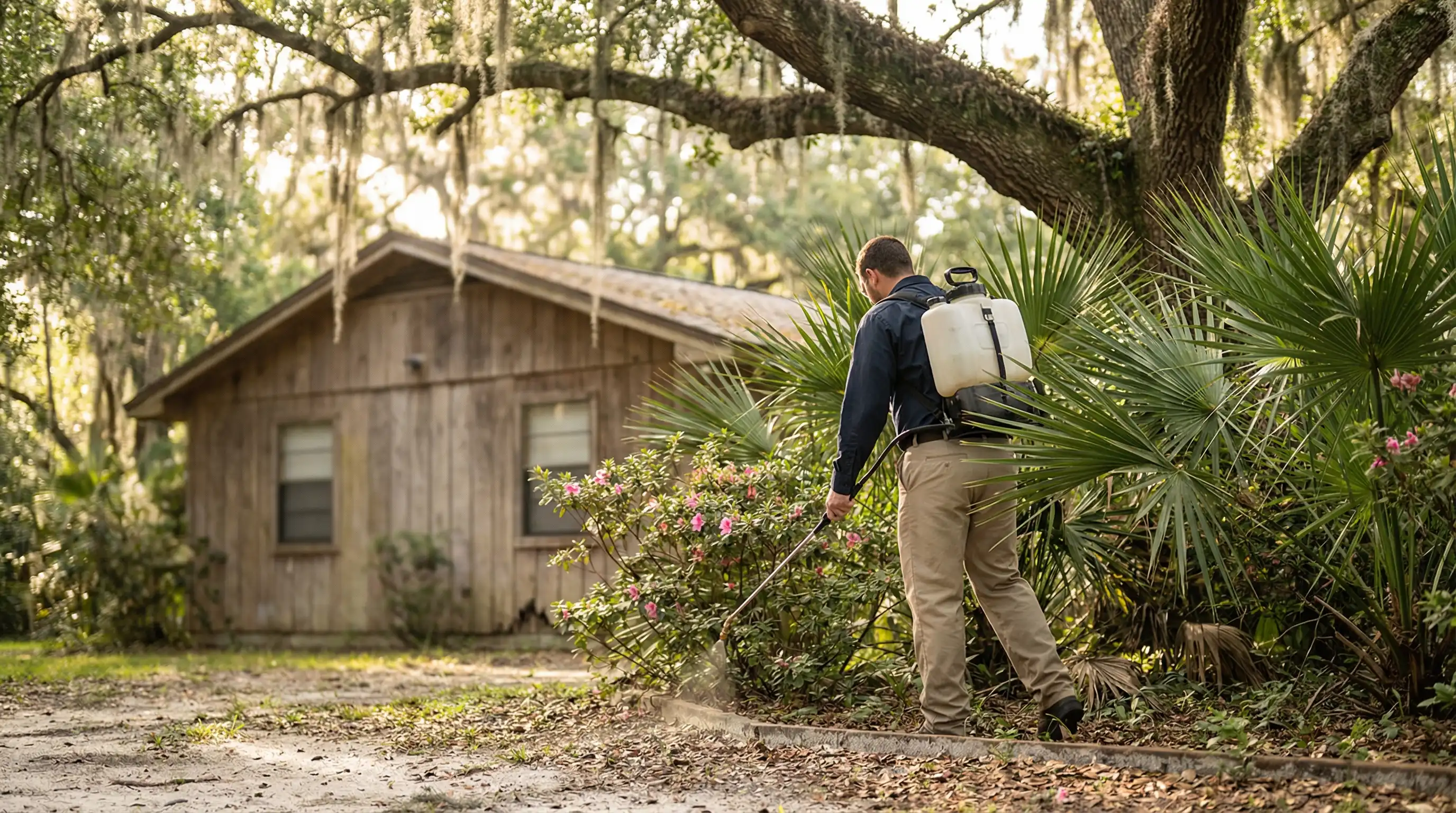 Pest control technician treating the exterior foundation of a Gainesville, FL rental property with lush subtropical vegetation and live oak canopy in the background