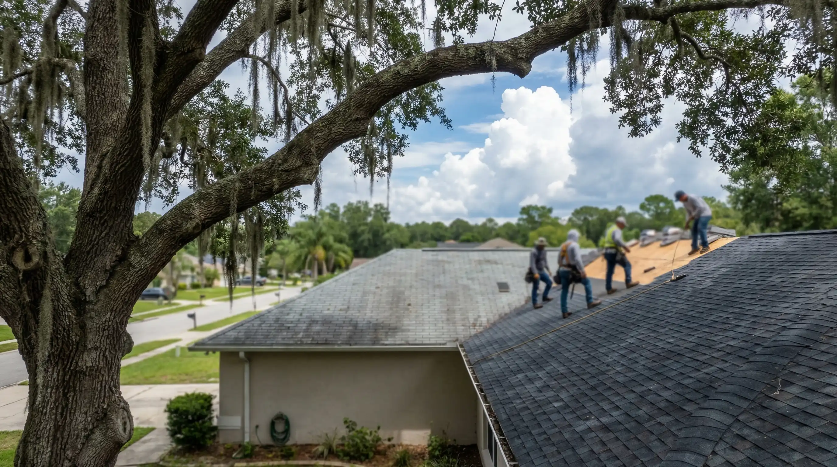 Roofing contractor performing a wind mitigation inspection on a Gainesville, FL residential roof with live oak canopy and suburban neighborhood visible in the background