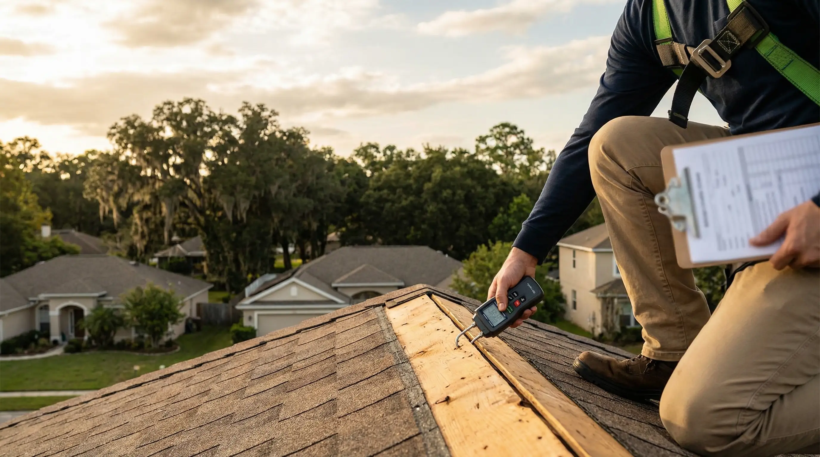 Roofing contractor performing a wind mitigation inspection on a Gainesville, FL residential roof with live oak canopy and suburban neighborhood visible in the background