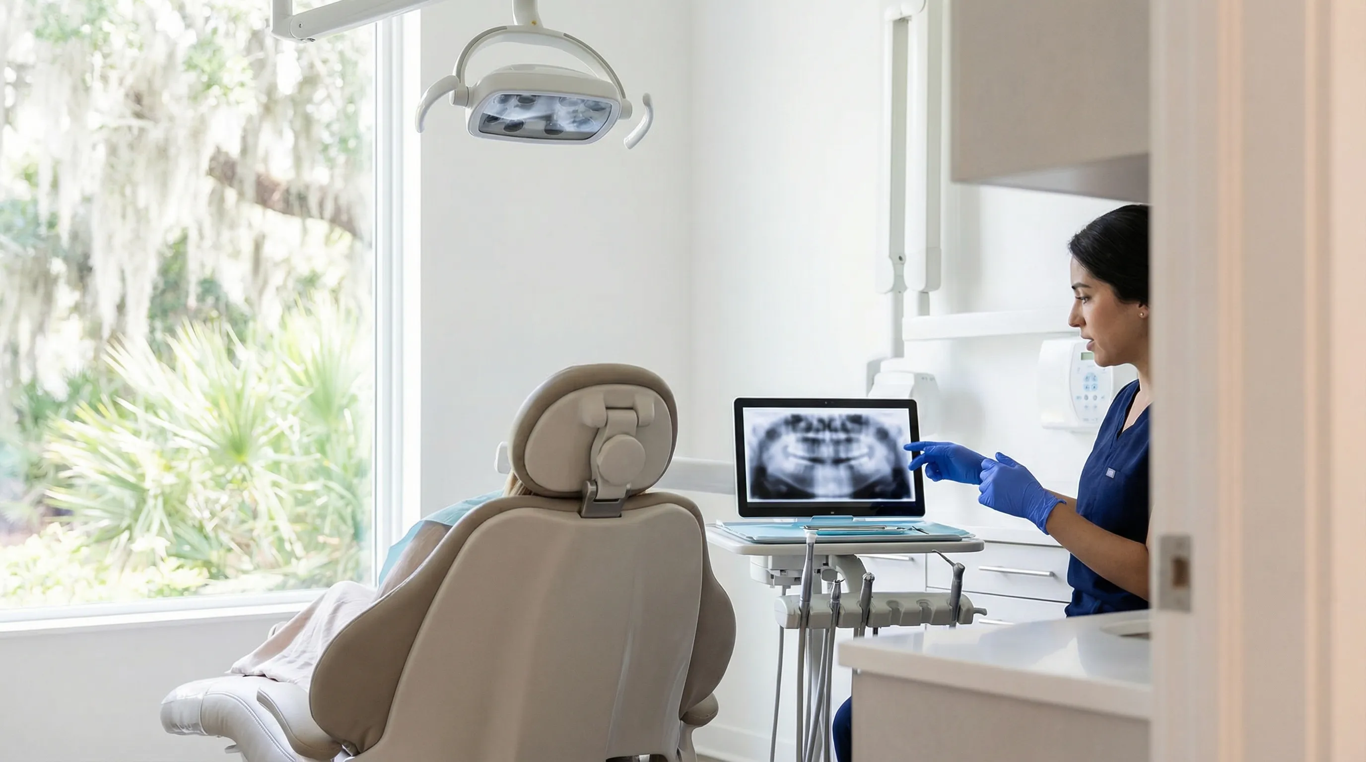 Professional dentist in navy scrubs reviewing digital X-rays with a patient in a modern Gainesville, FL dental exam room with Florida vegetation visible through the window
