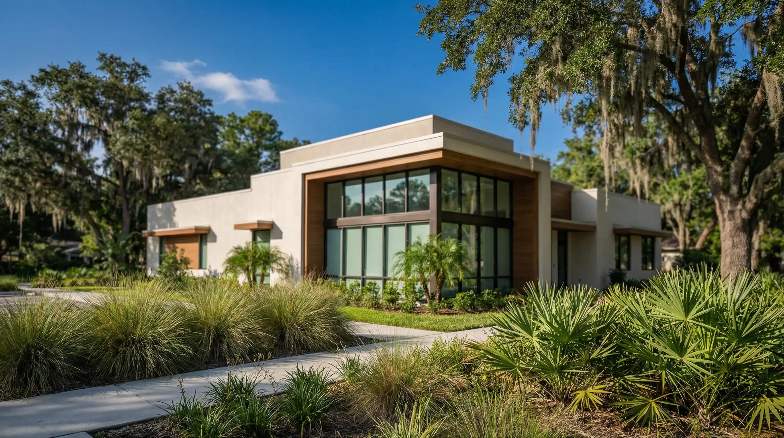 Professional dentist in navy scrubs reviewing digital X-rays with a patient in a modern Gainesville, FL dental exam room with Florida vegetation visible through the window