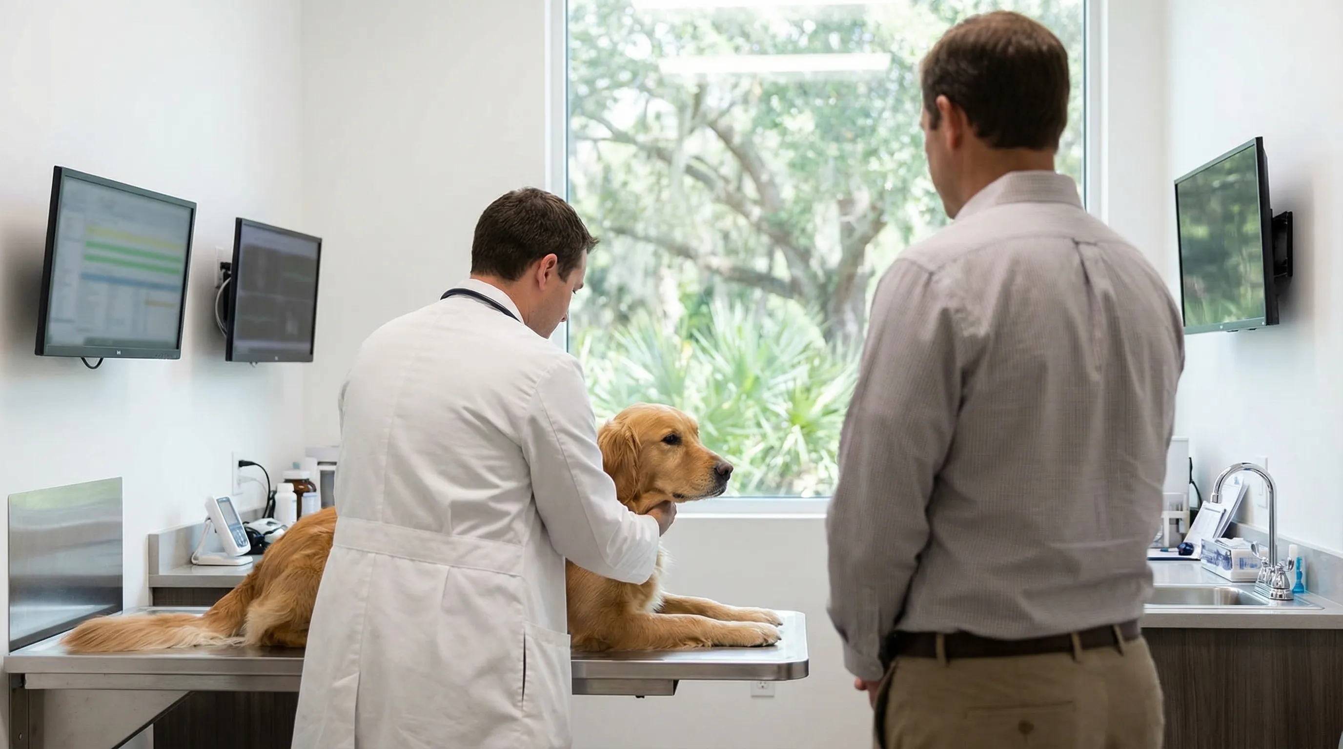 Professional veterinary clinic exterior in Gainesville, FL with live oak canopy and a vet technician greeting a patient at the entrance