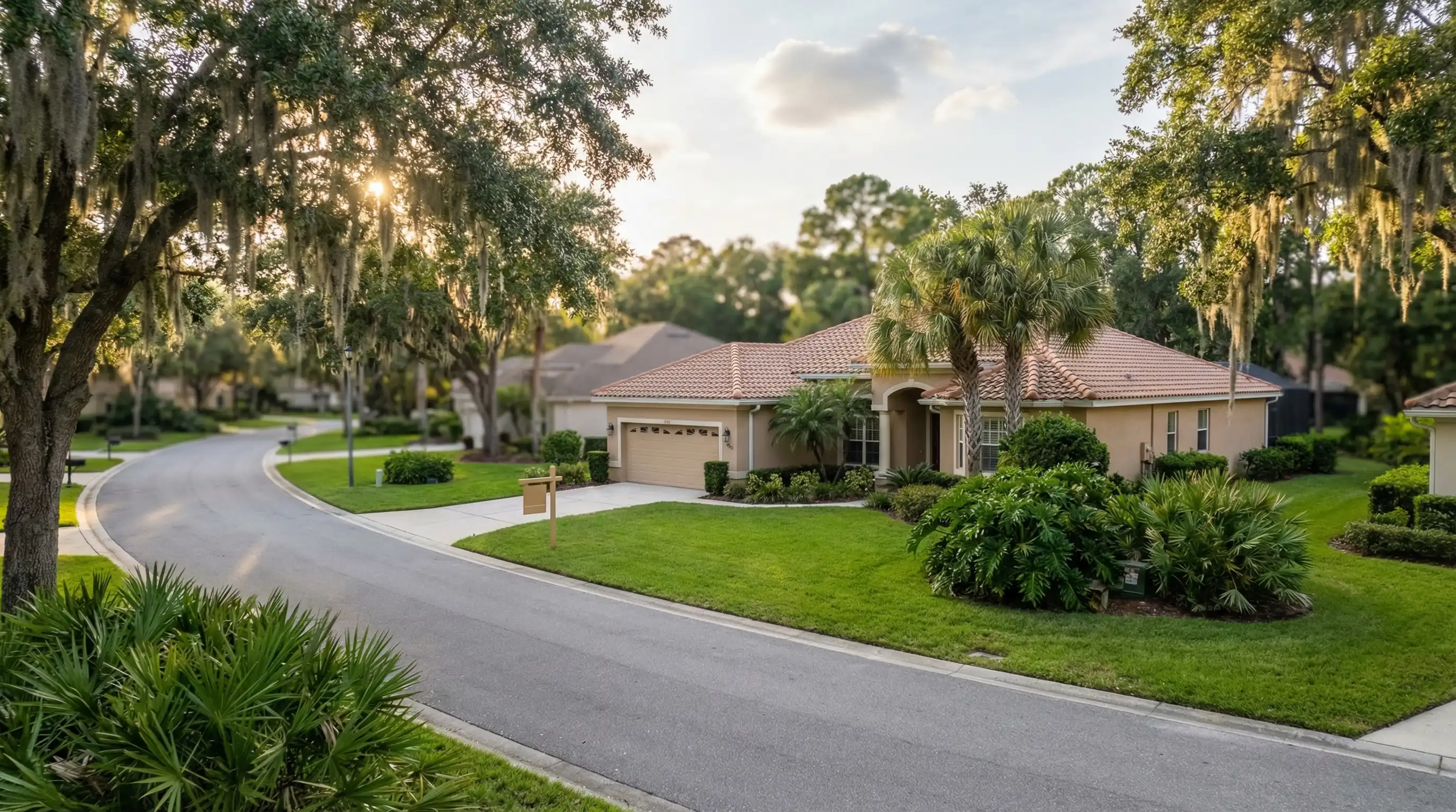 Tree-lined suburban street in Haile Plantation, Gainesville FL with live oaks, a For Sale sign, and Florida afternoon light filtering through the canopy
