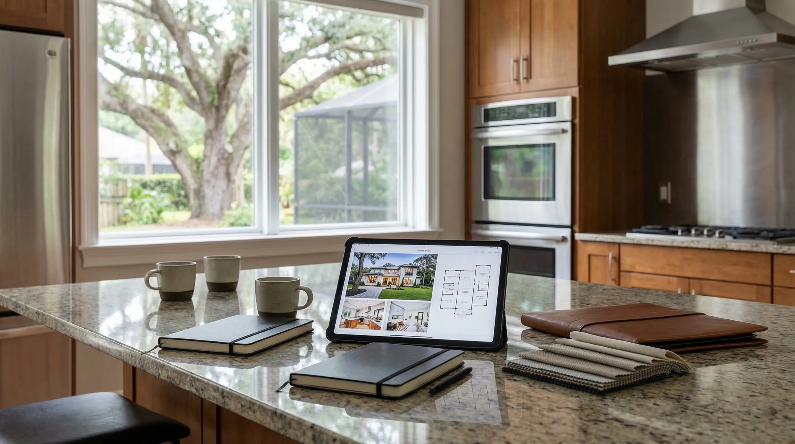 Tree-lined suburban street in Haile Plantation, Gainesville FL with live oaks, a For Sale sign, and Florida afternoon light filtering through the canopy