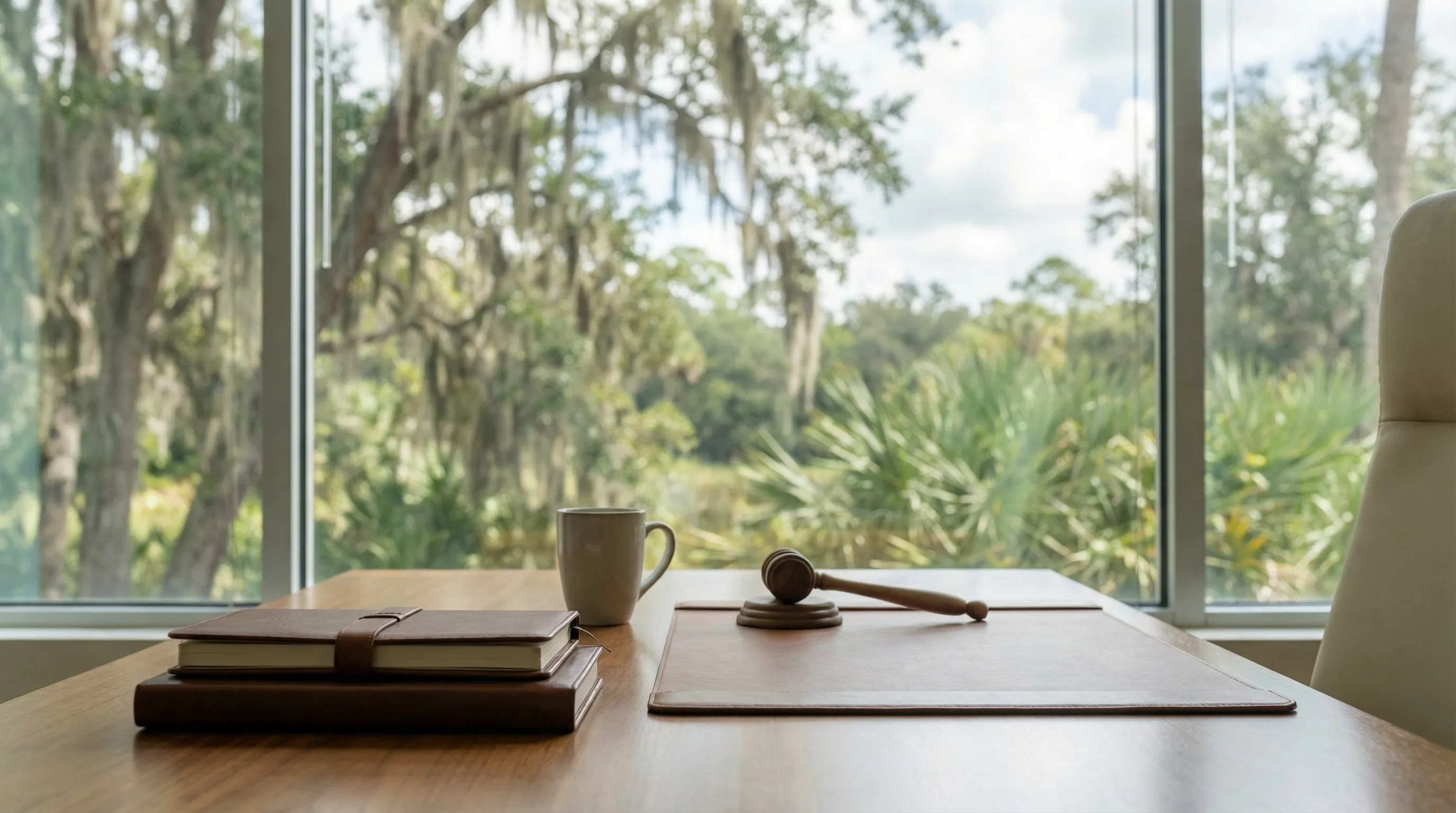 Professional law office exterior in Gainesville, FL near the University Avenue corridor with a glass-front entrance and Florida subtropical greenery