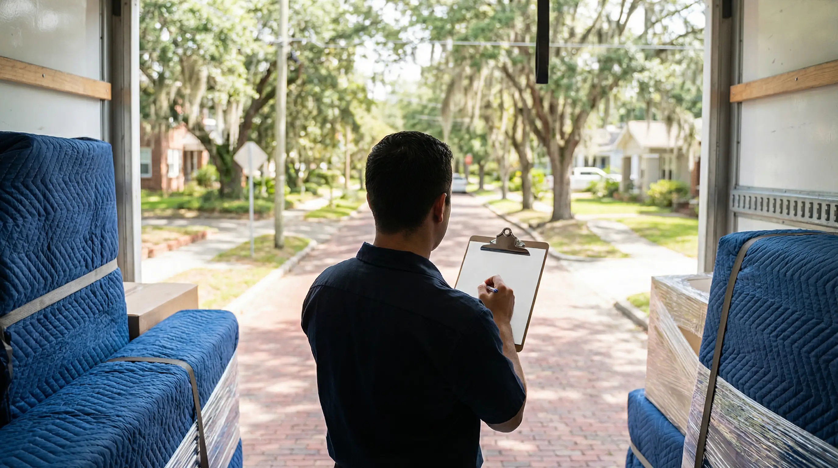 Moving truck parked outside a Gainesville apartment complex near UF campus with live oaks and two uniformed movers unloading furniture in Florida afternoon light