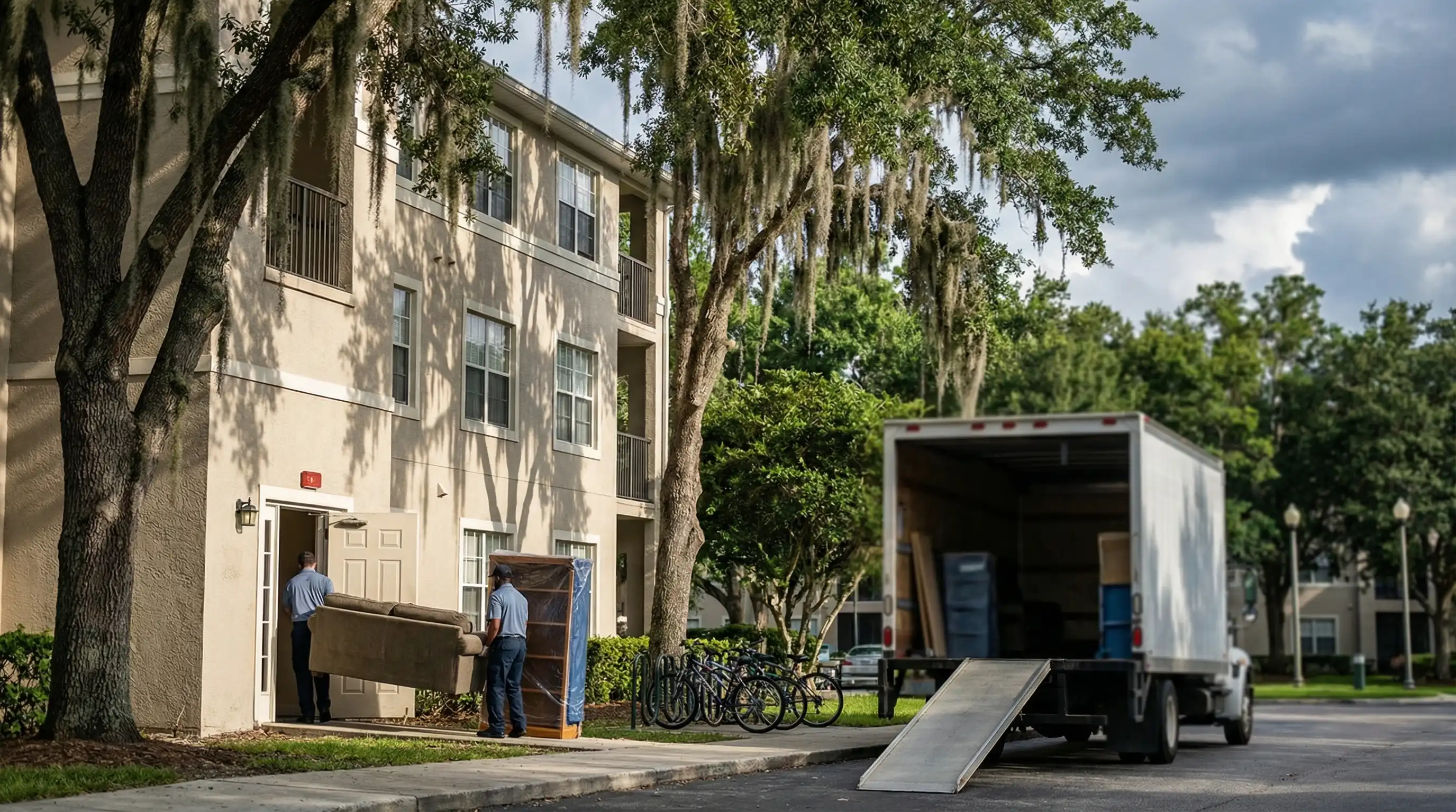 Moving truck parked outside a Gainesville apartment complex near UF campus with live oaks and two uniformed movers unloading furniture in Florida afternoon light