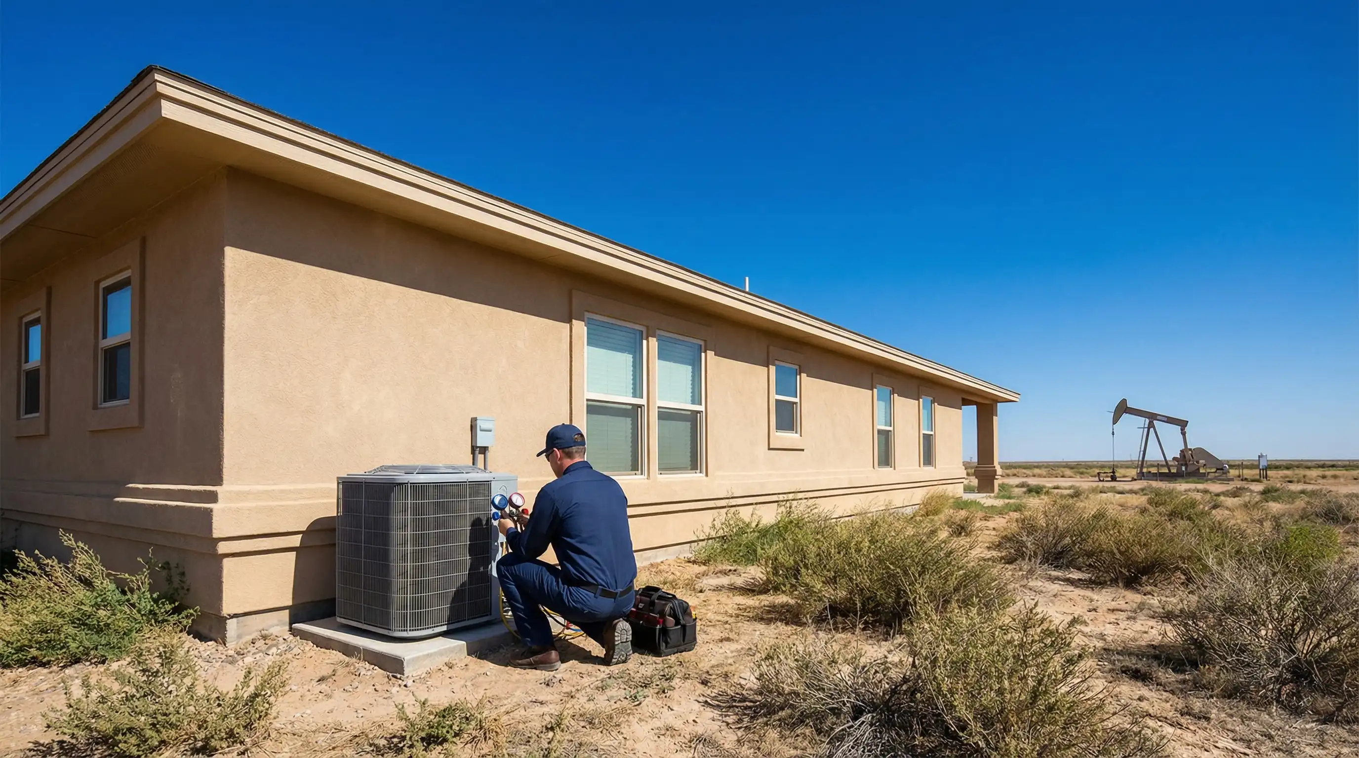 Professional HVAC technician servicing a split-system air conditioner unit outside a residential home in Midland, TX