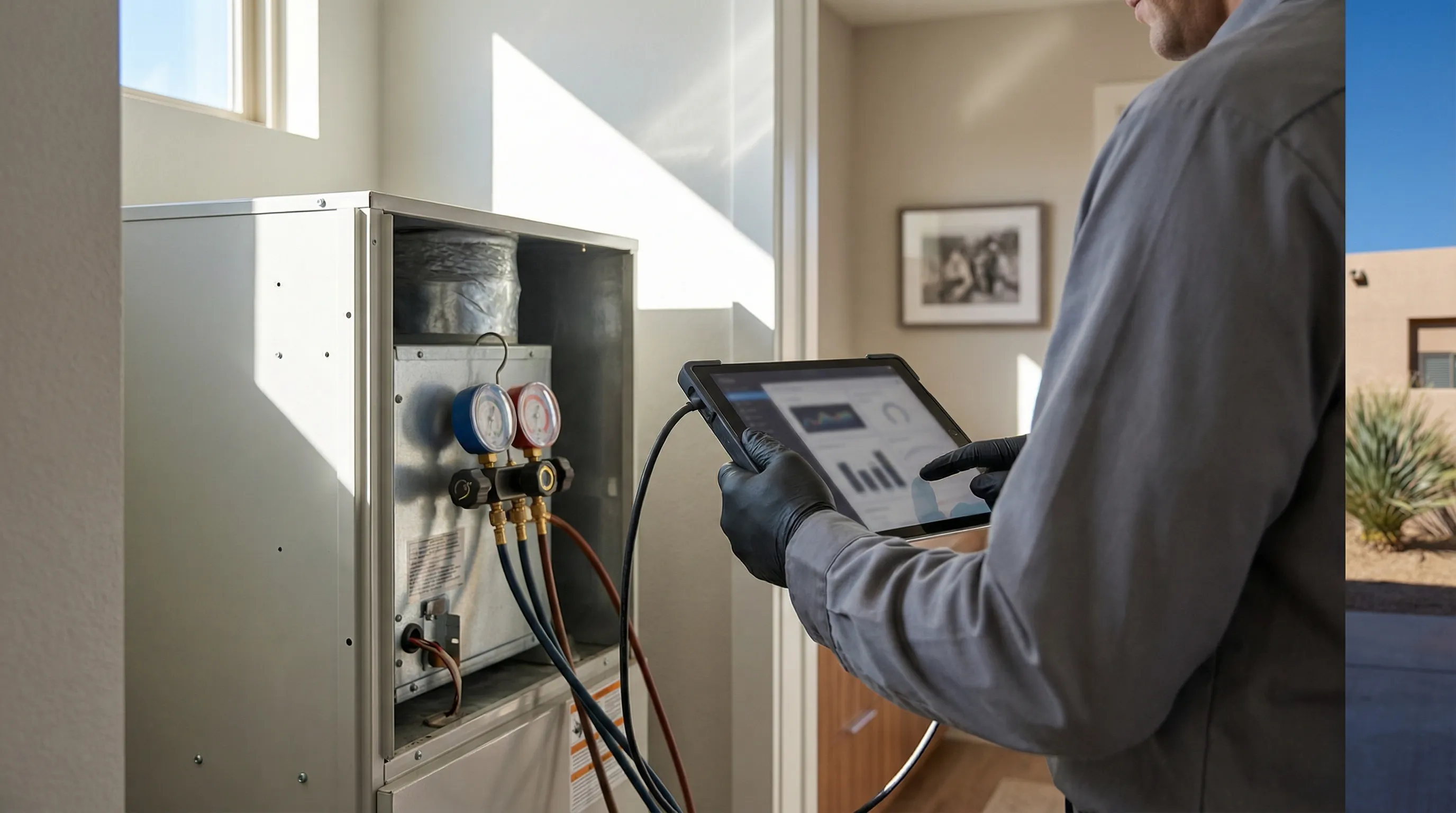Professional HVAC technician servicing a split-system air conditioner unit outside a residential home in Midland, TX