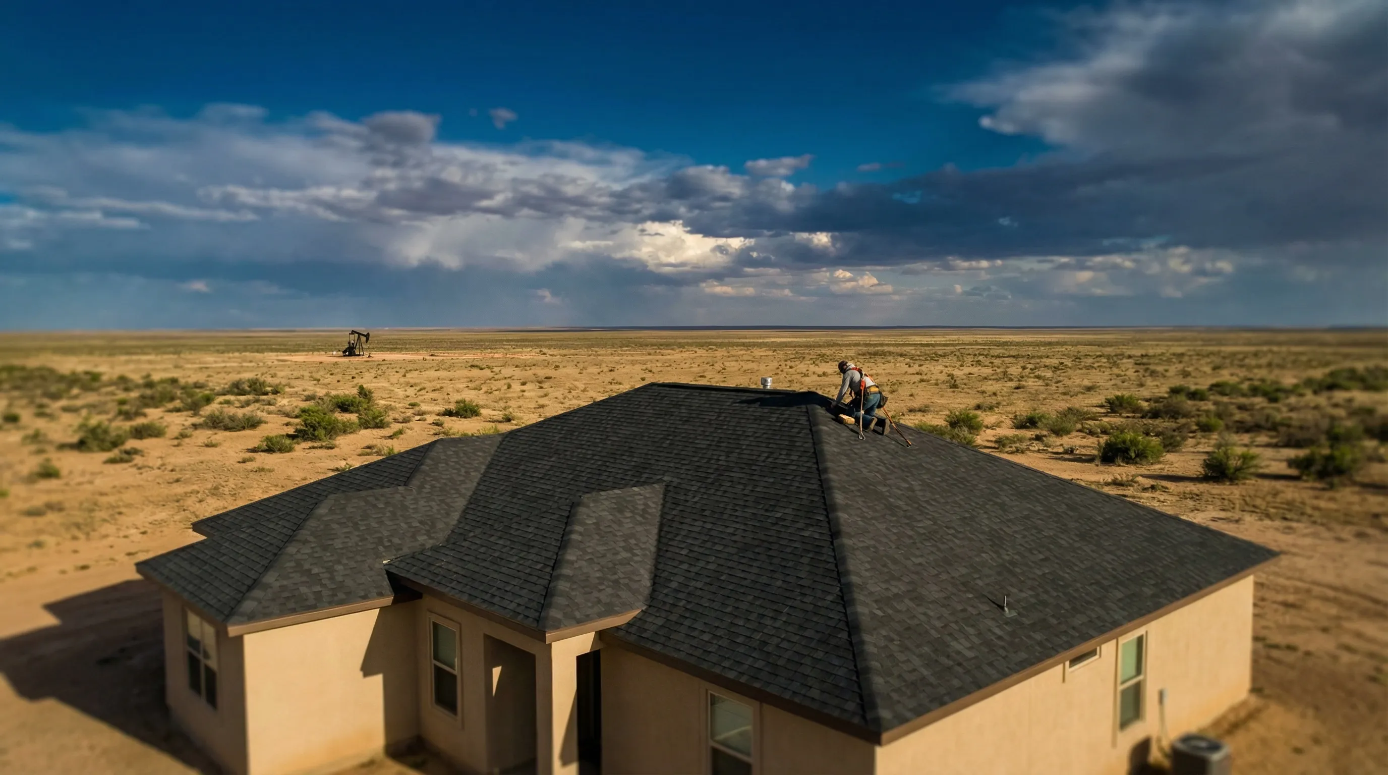 Professional roofing crew installing architectural shingles on a residential home in Midland, TX under a West Texas sky