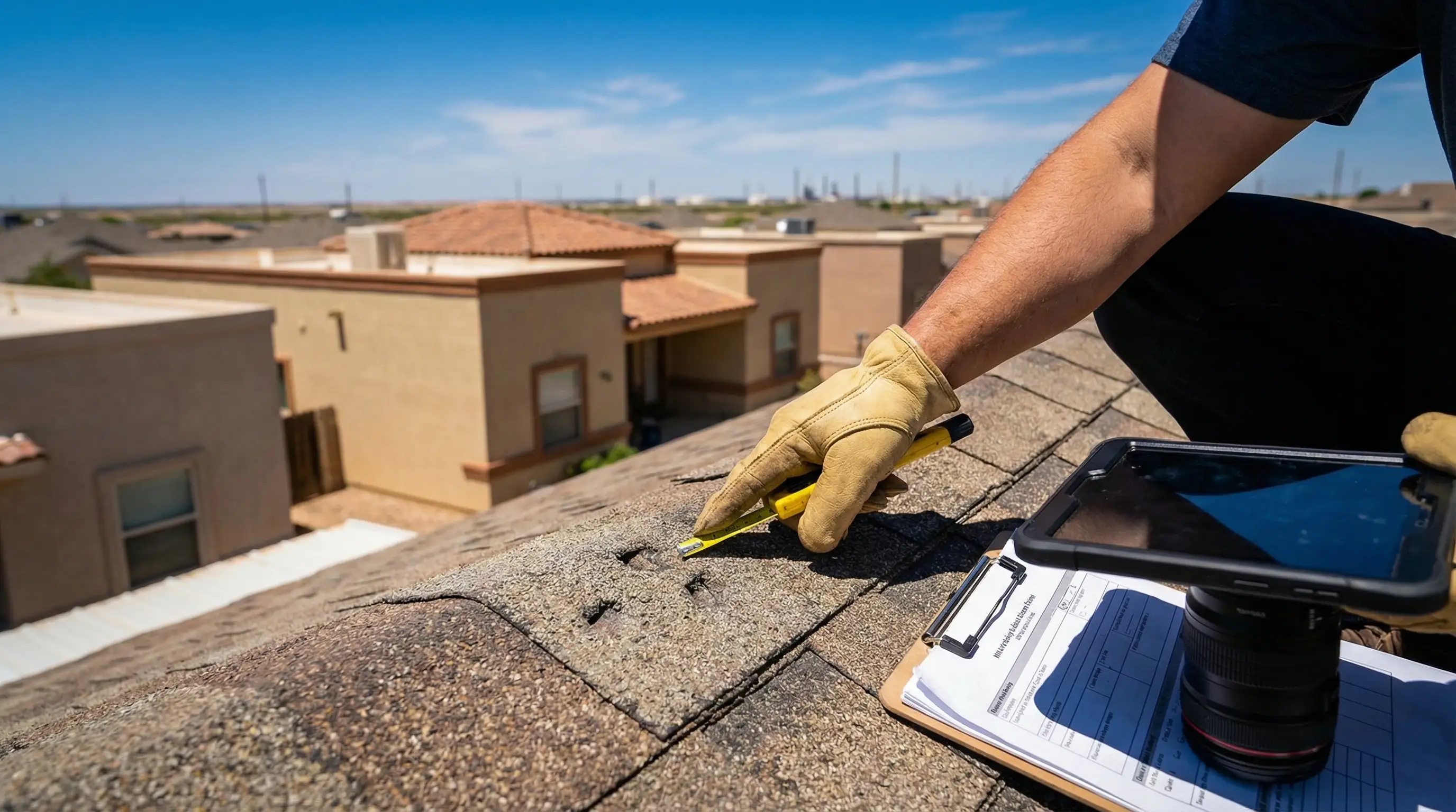 Professional roofing crew installing architectural shingles on a residential home in Midland, TX under a West Texas sky