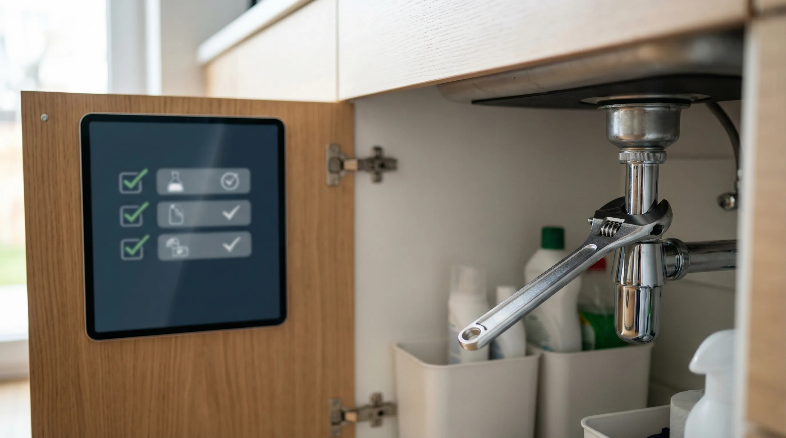 Licensed plumber working under a kitchen sink in a residential home in Midland, TX with professional tools and organized workspace