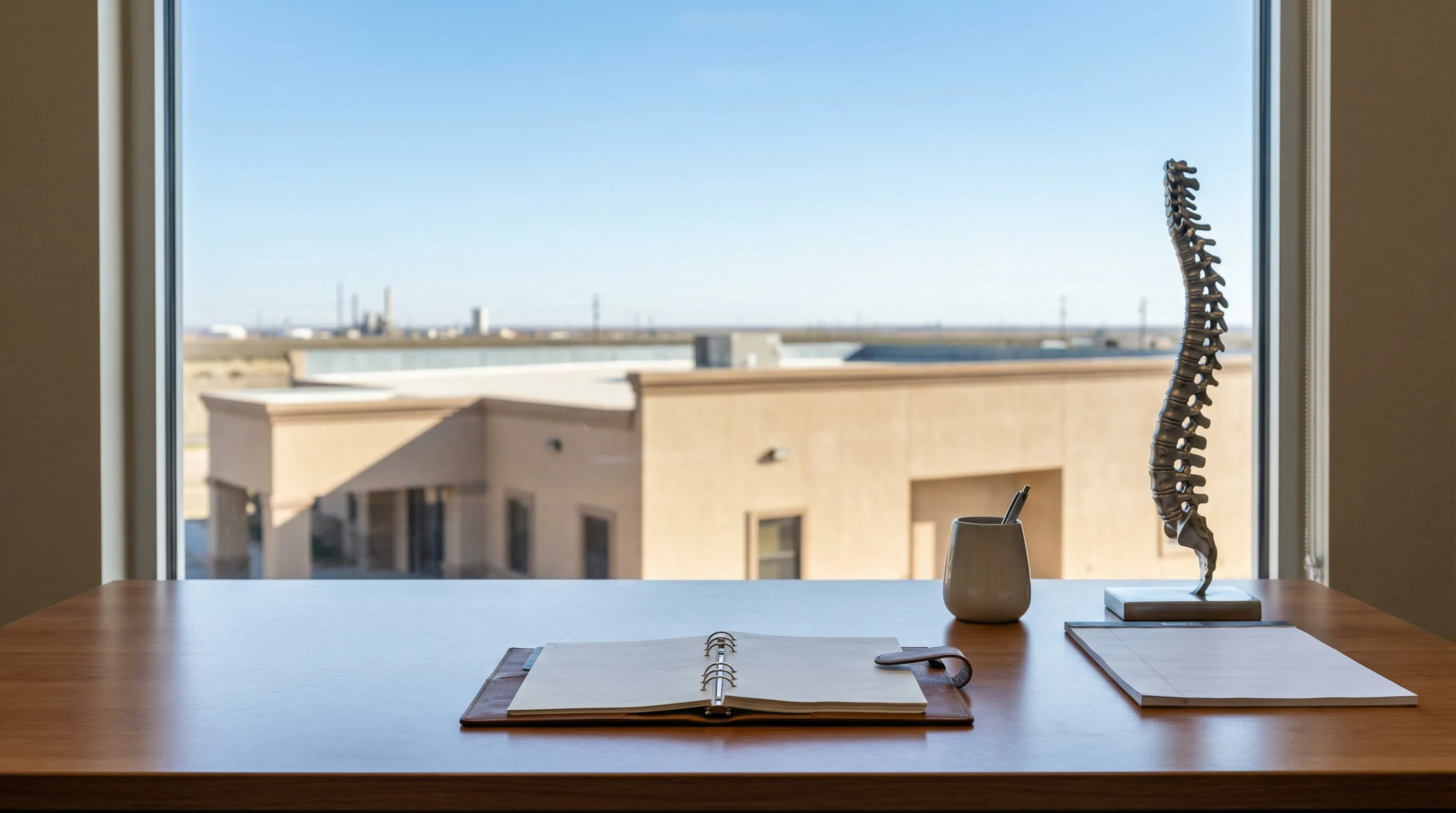 Personal injury attorney in a professional office in Midland, TX reviewing legal documents with a client across a desk