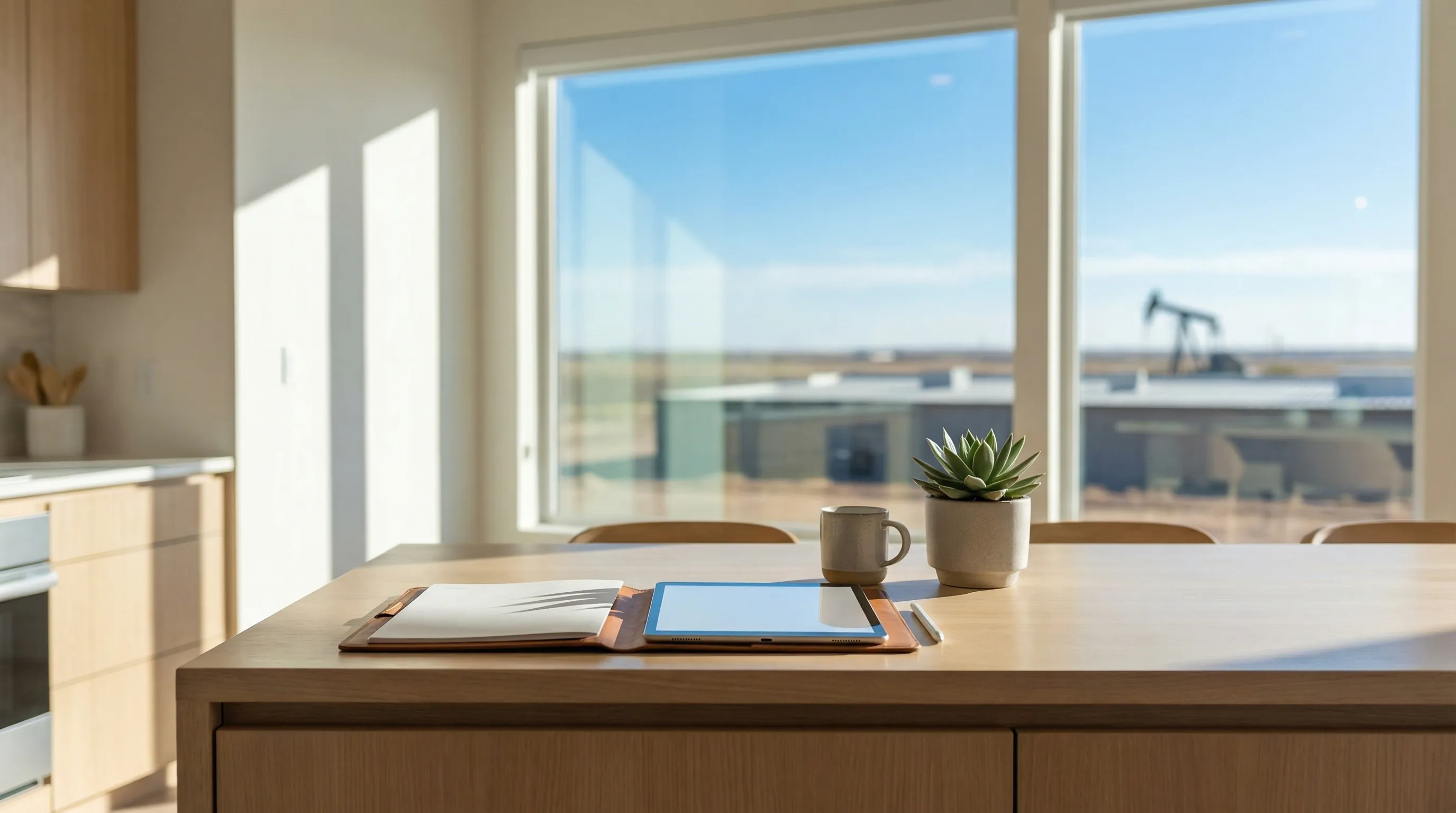 Professional real estate agent welcoming a couple to a modern executive home in Midland, TX with West Texas sky and oil derrick visible on horizon