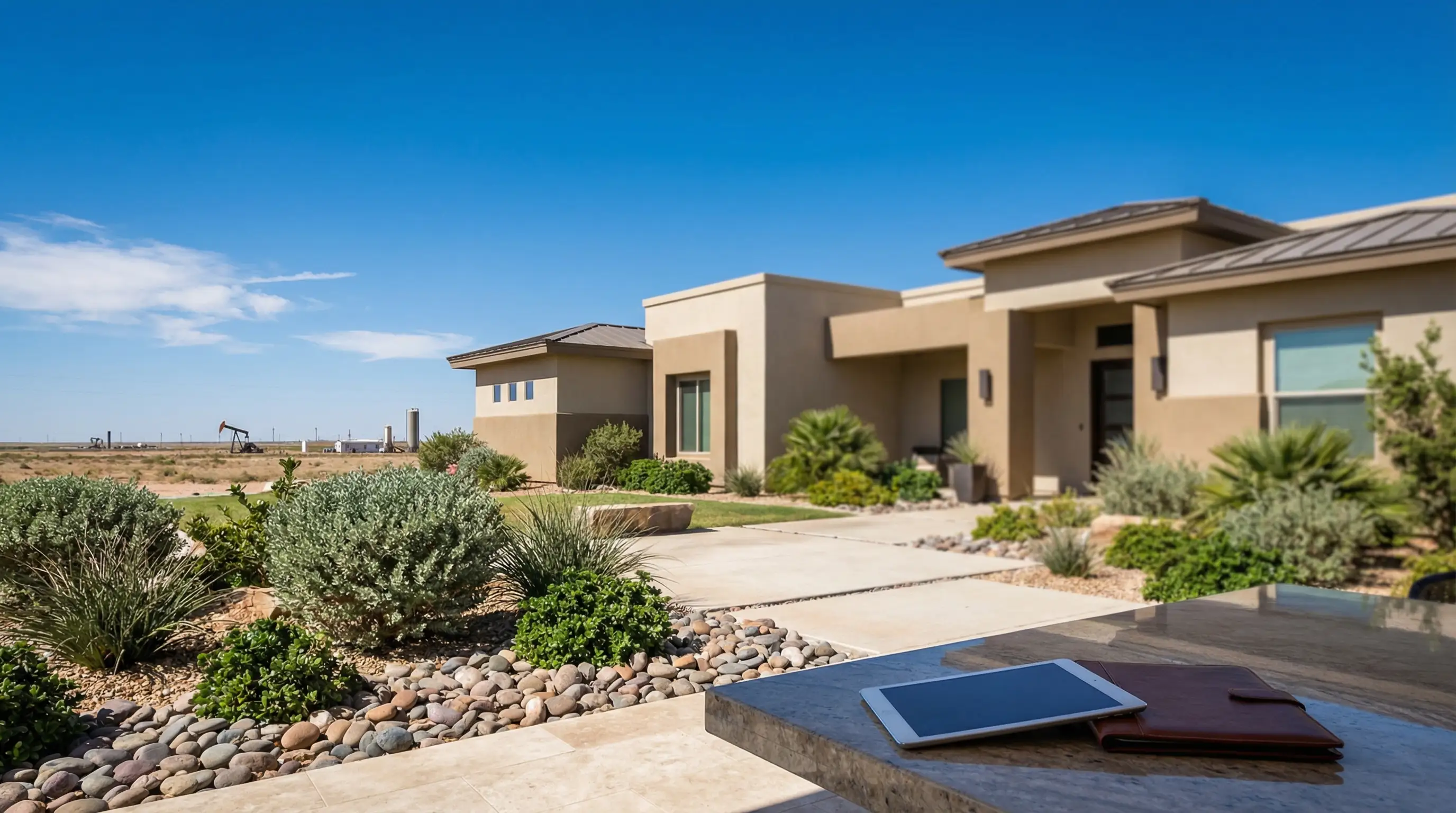 Professional real estate agent welcoming a couple to a modern executive home in Midland, TX with West Texas sky and oil derrick visible on horizon