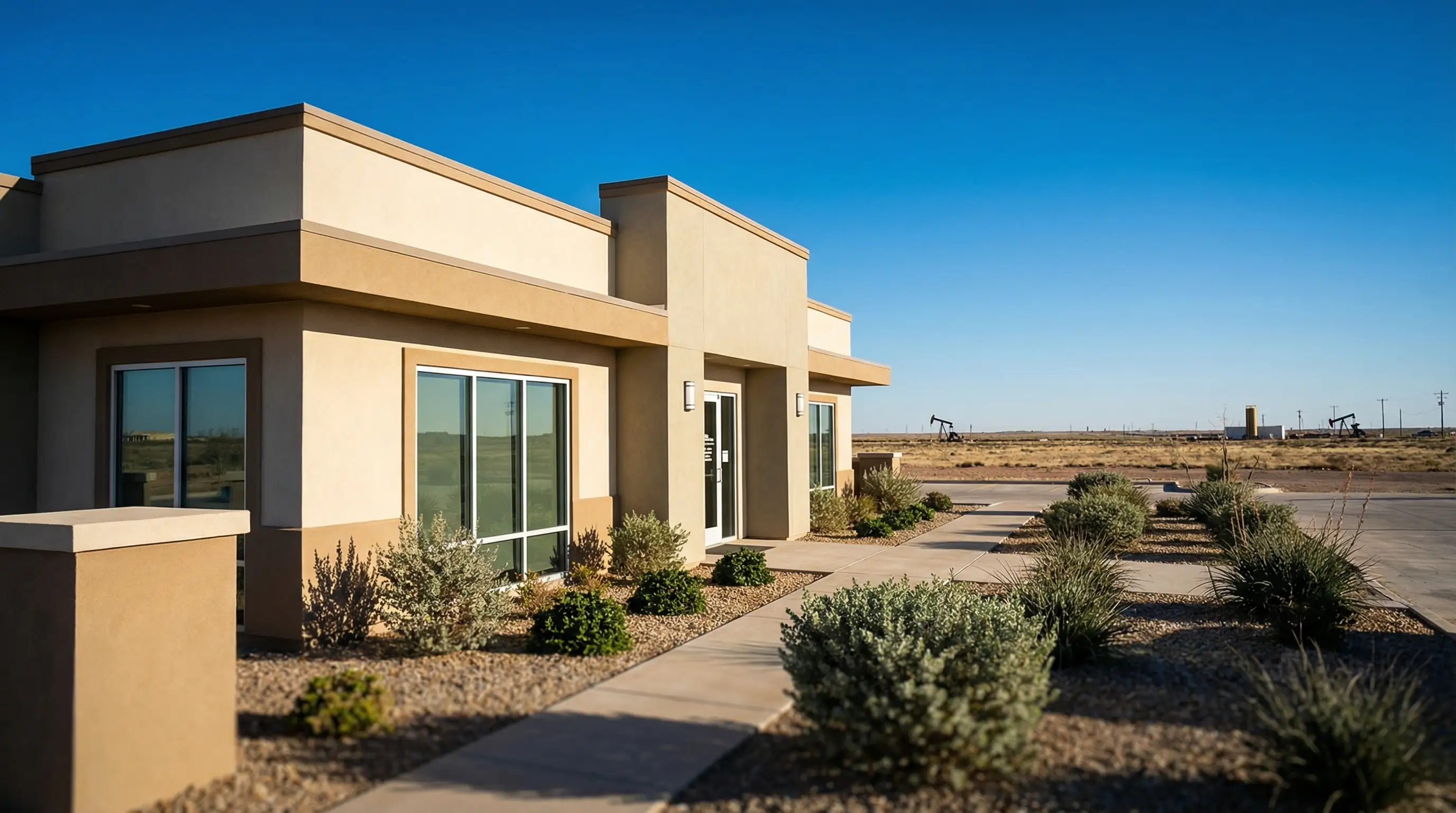 Friendly dentist and dental assistant in a bright modern Midland, TX dental office welcoming a new patient at the front entrance